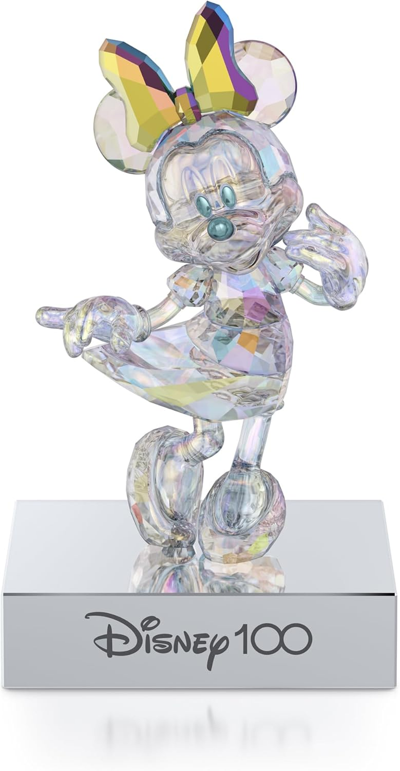 Swarovski Disney100 Minnie Mouse Figurine, Aurora Borealis Colour-Effect Crystal with Blue and Yellow Accents, Chrome Finished Metal and Black Velvet Base, from the Disney100 Collection