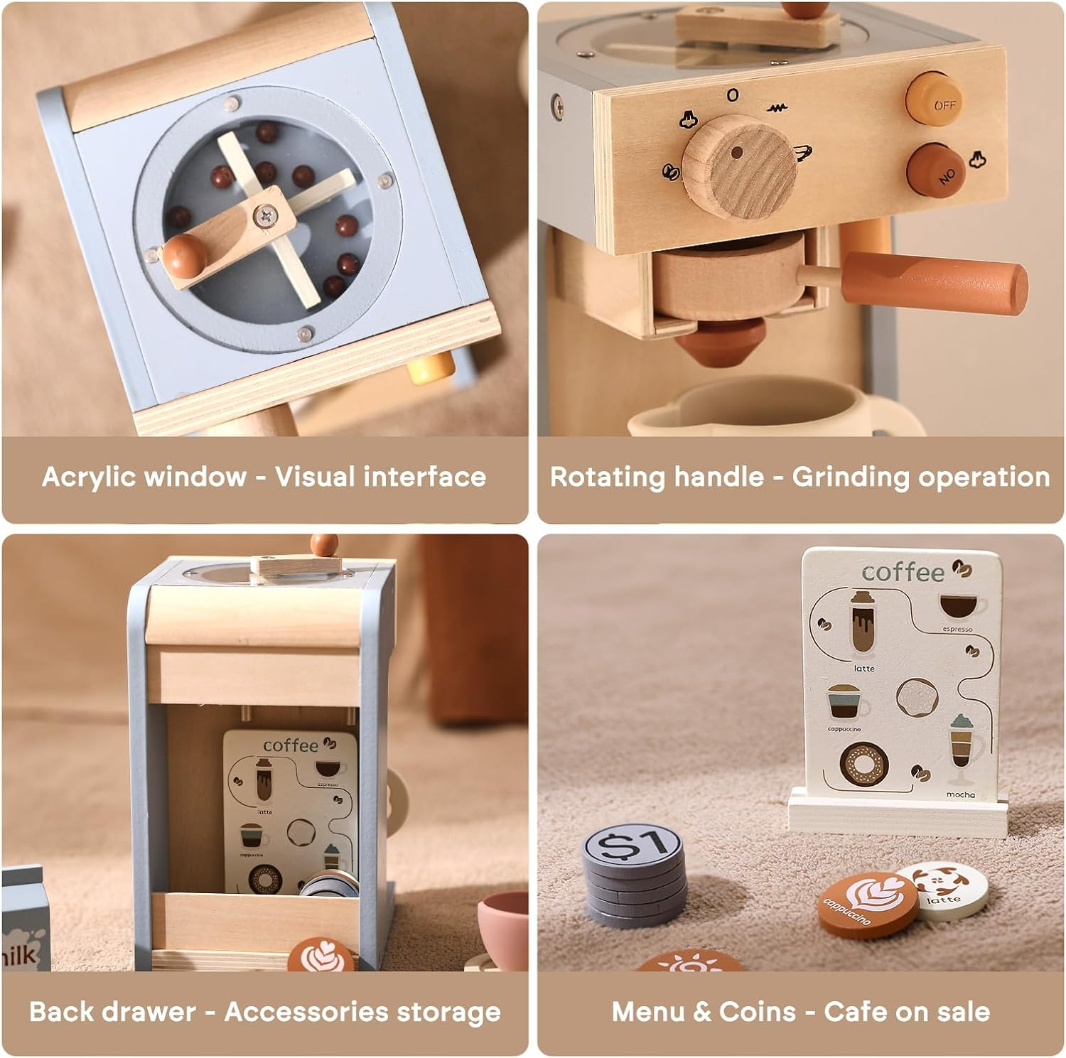 Kids Coffee Maker Playset - Wooden Kitchen Playset Toys - 15PCS Toy Set for Kids Play Kitchen Accessories for Girls & Boys Pretend Play Coffee Maker Toys for Fun