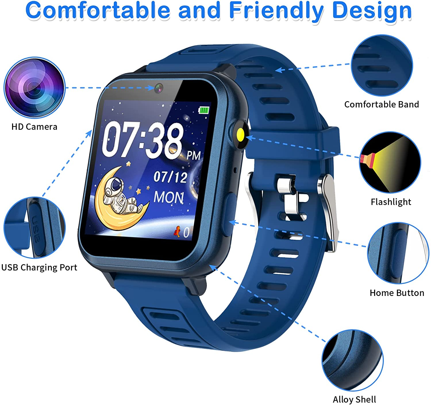 Phyulls Smart Watch for Kids with 39 Games Alarm Clock, Touchscreen, Calendaring Camera Music Player Time Display Video & Audio Recording, Toys for 3-12 Years Old Boys image number 2