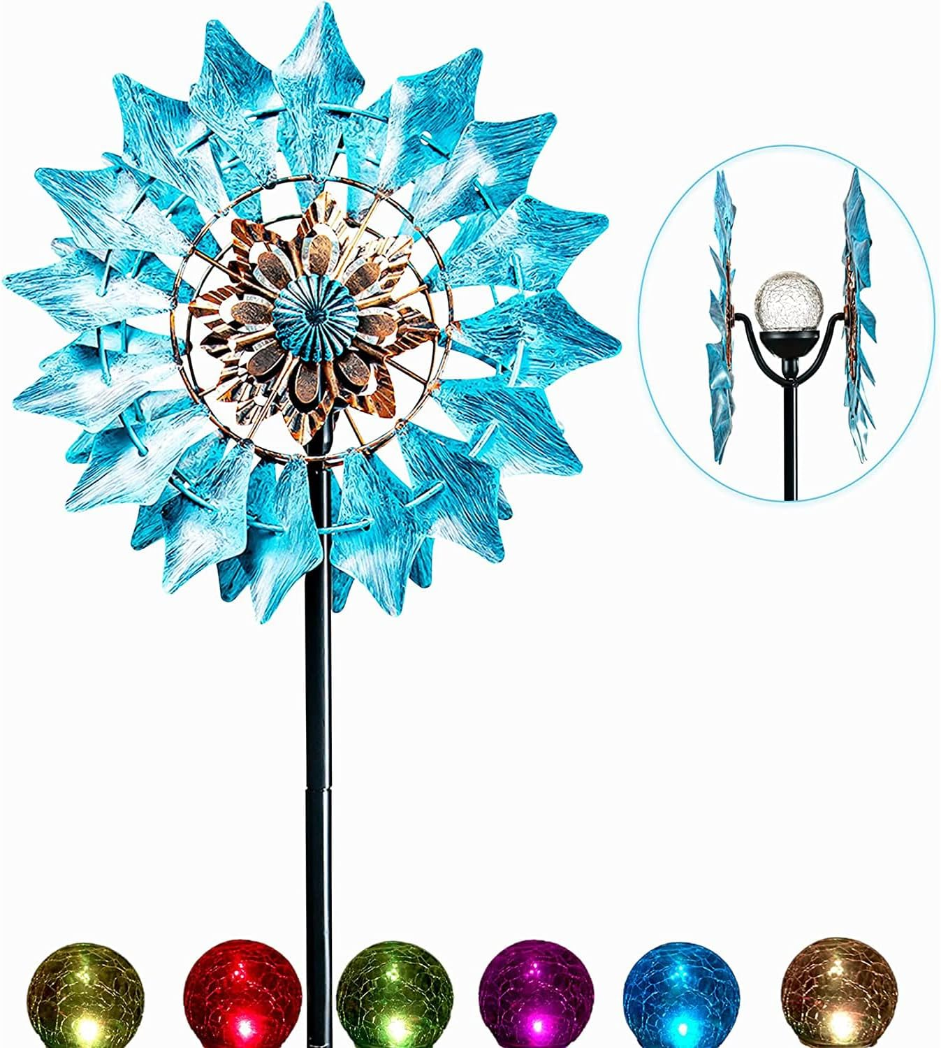 Solar Wind Spinner New Azure 75In Multi-Color Seasonal LED Lighting Solar Powered Glass Ball with Kinetic Wind Spinner Dual Direction for Patio Lawn & Garden image number 4