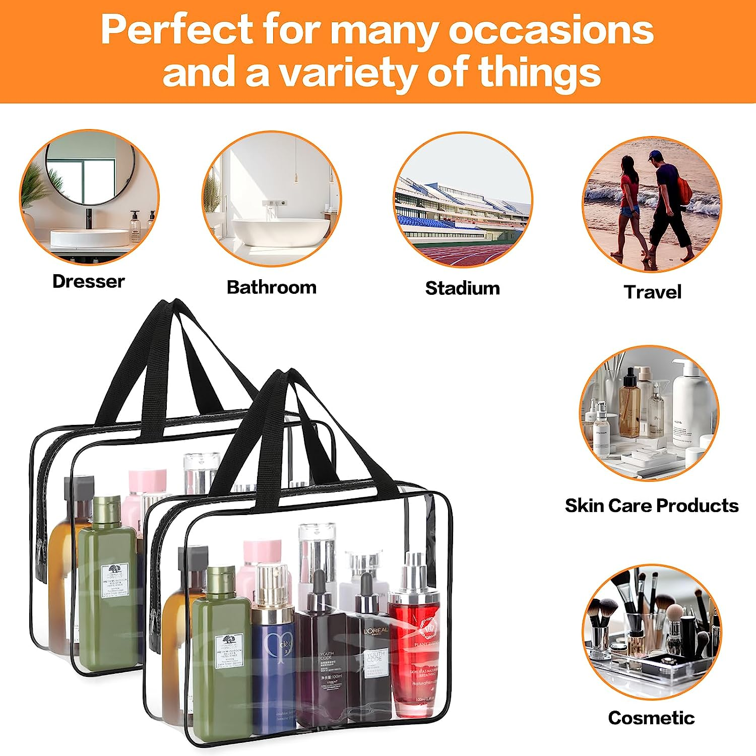 2 Pieces Large Clear Makeup Cosmetic Toiletry Organizer Bag, Clear Plastic Tote Bags, Waterproof Transparent Small Clear Handbag Purse, Clear, L image number 4