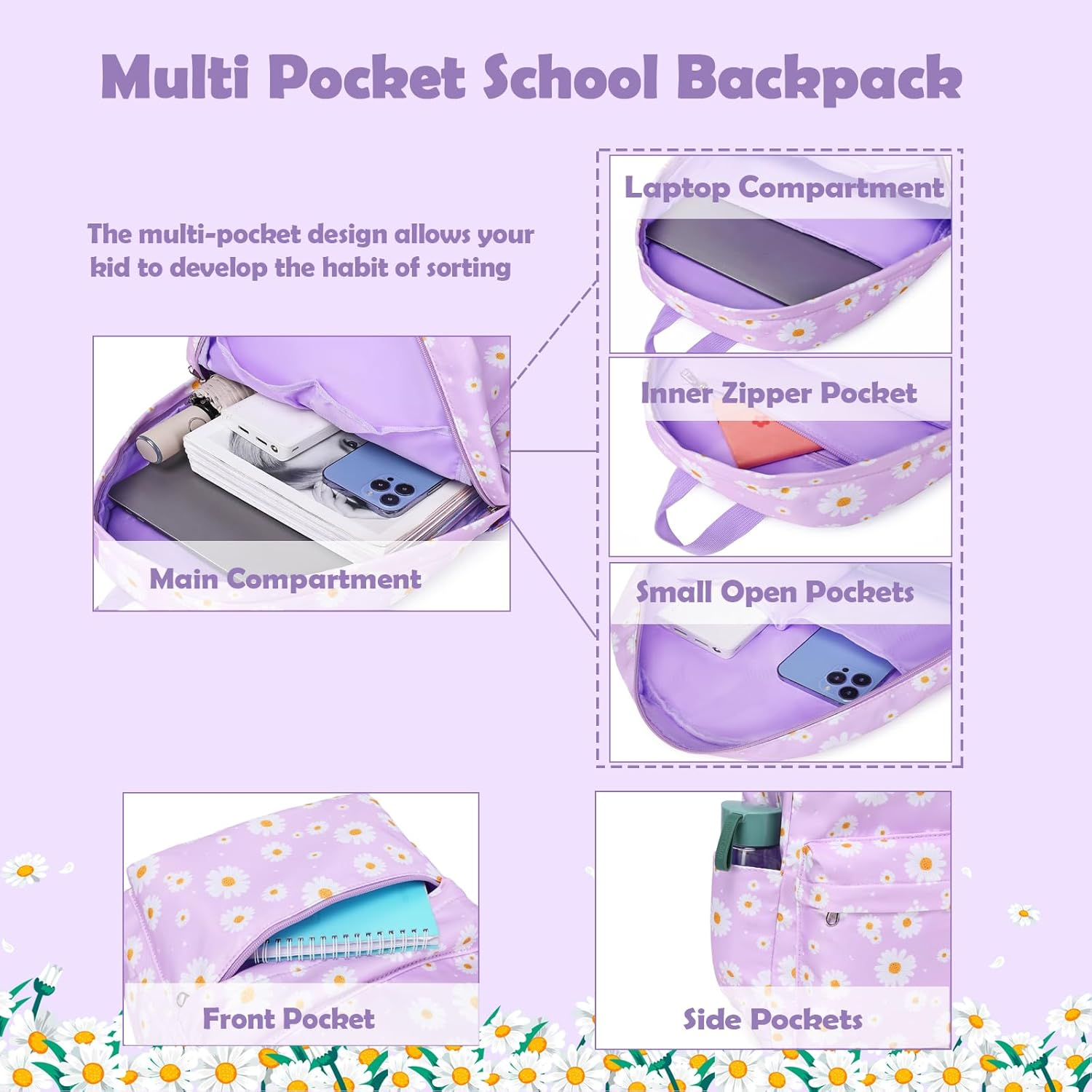 School Backpack for Girls, Lightweight Girls School Bookbag for Preschool Kindergarten Elementary School - Daisy Black image number 3