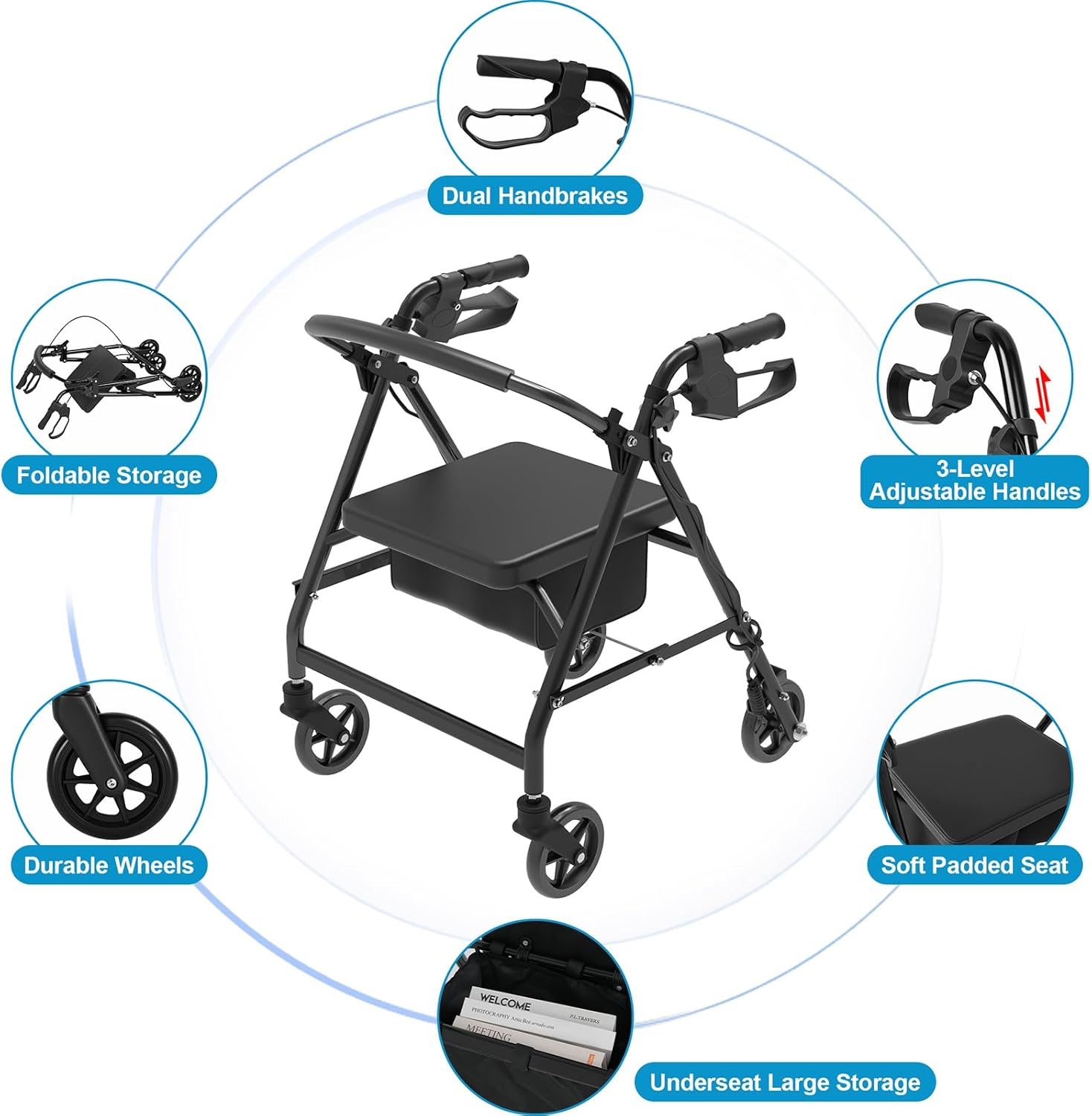 Advwin Lightweight Rollator Walker, 4-Wheel Folding Mobility Aid with Padded Seat, Dual Brake System, Adjustable Arms, and Under-Seat Storage Bag for Seniors and Elderly image number 1