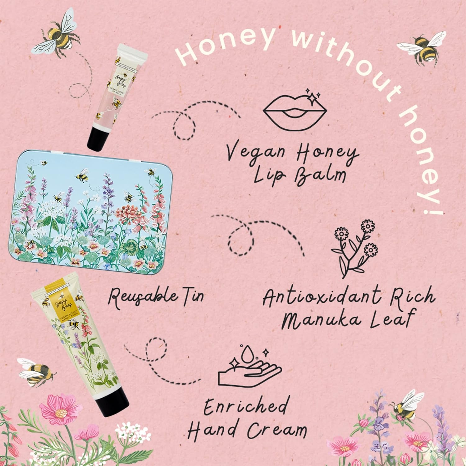 Heathcote & Ivory Busy Bees Hand & Lip Tin | 50Ml Hand Cream & 10Ml Lip Balm | Enriched with Essential Oils | Cruelty Free & Vegan Friendly | Travel Friendly Sizes image number 2