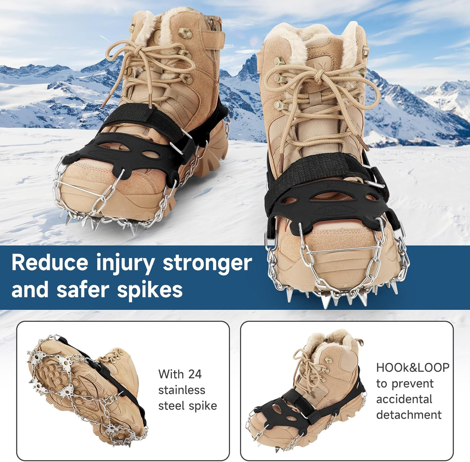 KOMCLUB Crampons Ice Cleats for Snow Boots and Shoes Traction Grips Women Men anti Slip 19 Stainless Steel Spikes Safe Protect for Hiking Walking Fishing Climbing Mountaineering Jogging L/XL