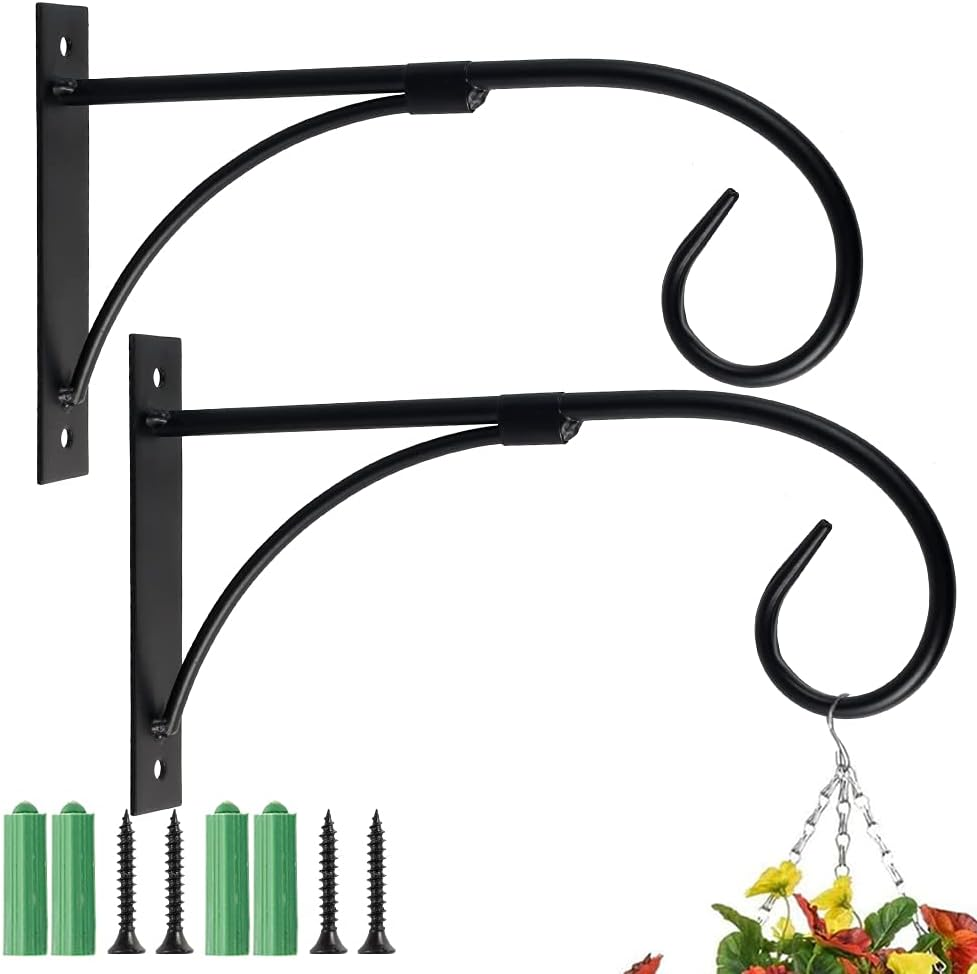 2 Pcs Hanging Basket Holder Flower Hook, Hanging Plant Hooks, Iron Art Garden Wall Hook, Plants Bracket, Outdoor Plants Hanger for Plant Flower Pots Lanterns Bird Feeders (White)