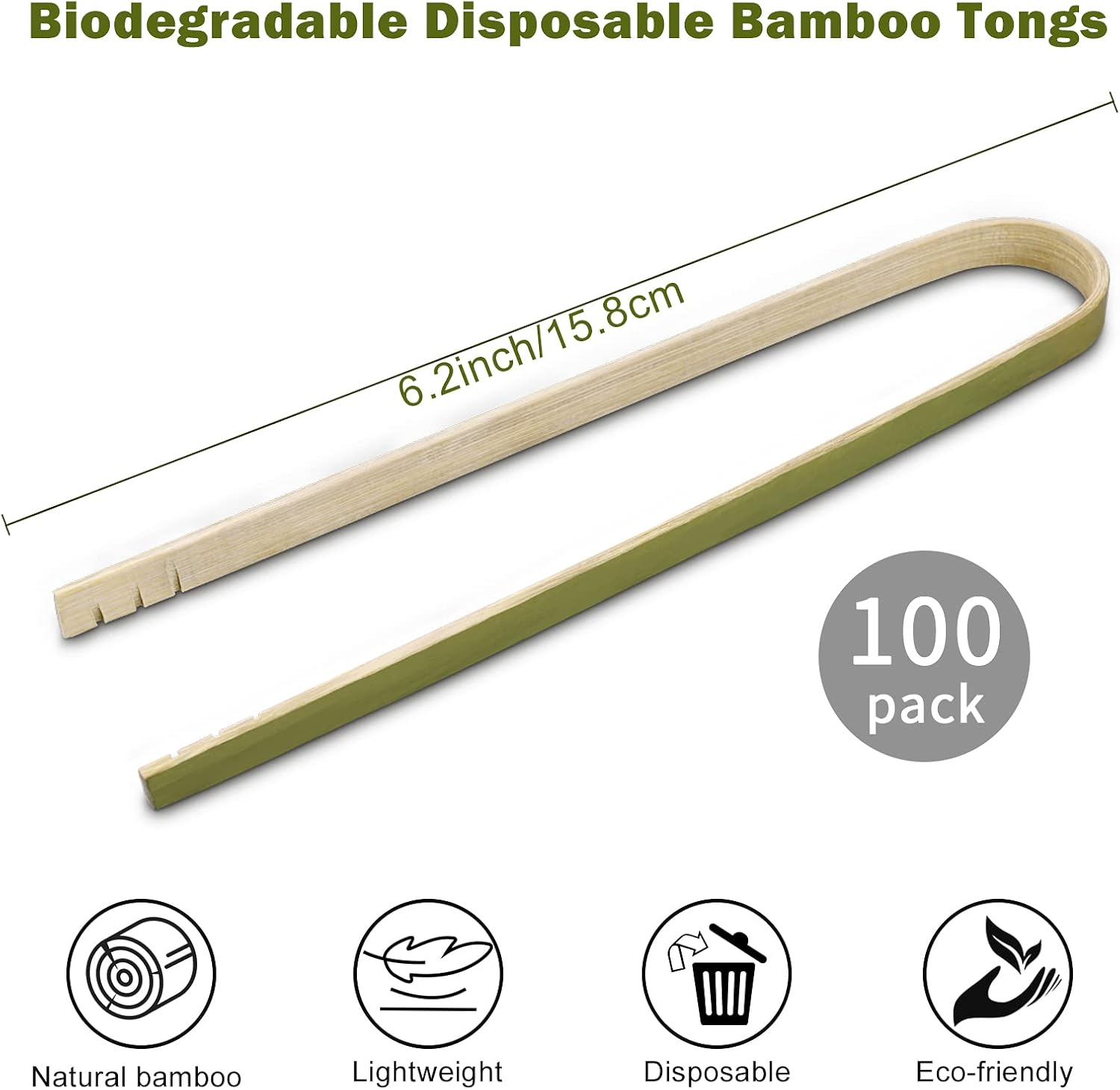 Mini Bamboo Tongs Disposable 100 Pcs 6.2 Inch Long Wooden Tongs for Charcuterie Large Cooking Utensils Wood Tongs for Toaster Serving Food Natural Green for Catering Buffet Home