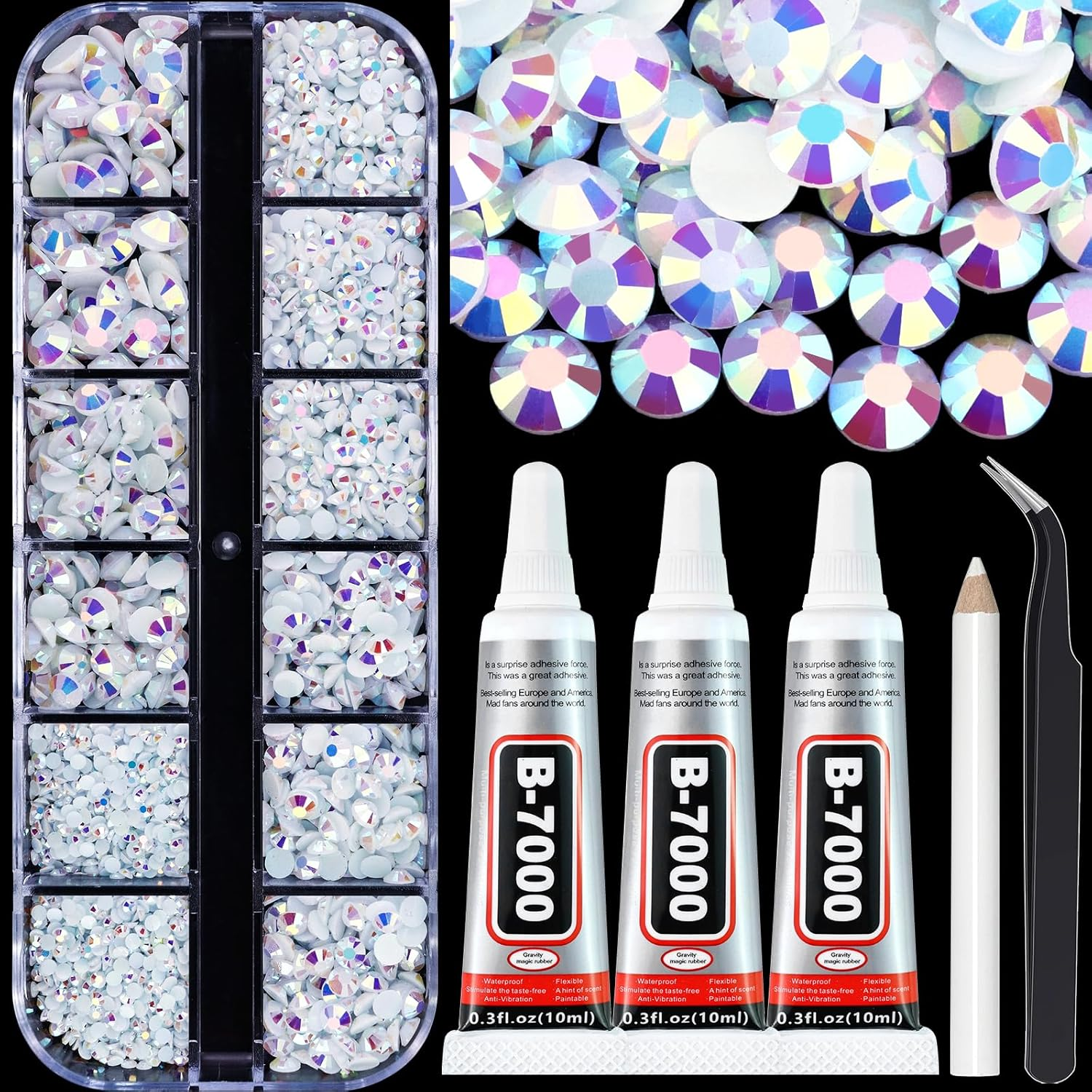Towenm B7000 Clear Glue with 4000PCS Transparent AB Rhinestones for Crafts Clothing Fabric Shoes, Glue Fix Flatback Gems for Nails Face Jewelry, Mixed 5 Sizes 2Mm-6Mm Diamond Gemstones Bejeweled Kit