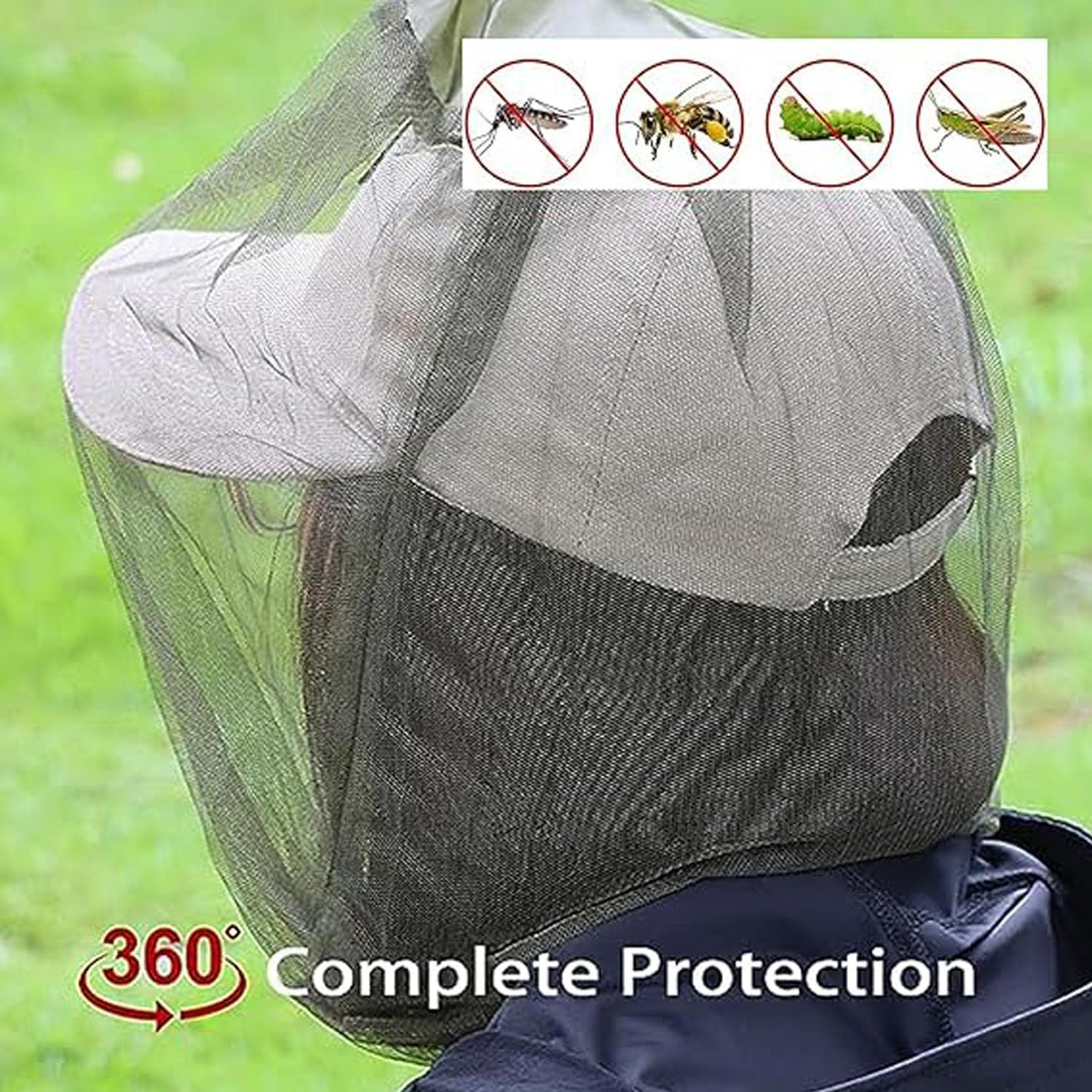 2 PCS Mosquito Head Net Mesh with Drawstring,Mosquito Net Hat Bug Net Face Neck Cover, Outdoor Hiking Camping Climbing Mosquito Fly Insects Bugs Preventing,Universal Size (Green & Black) image number 1