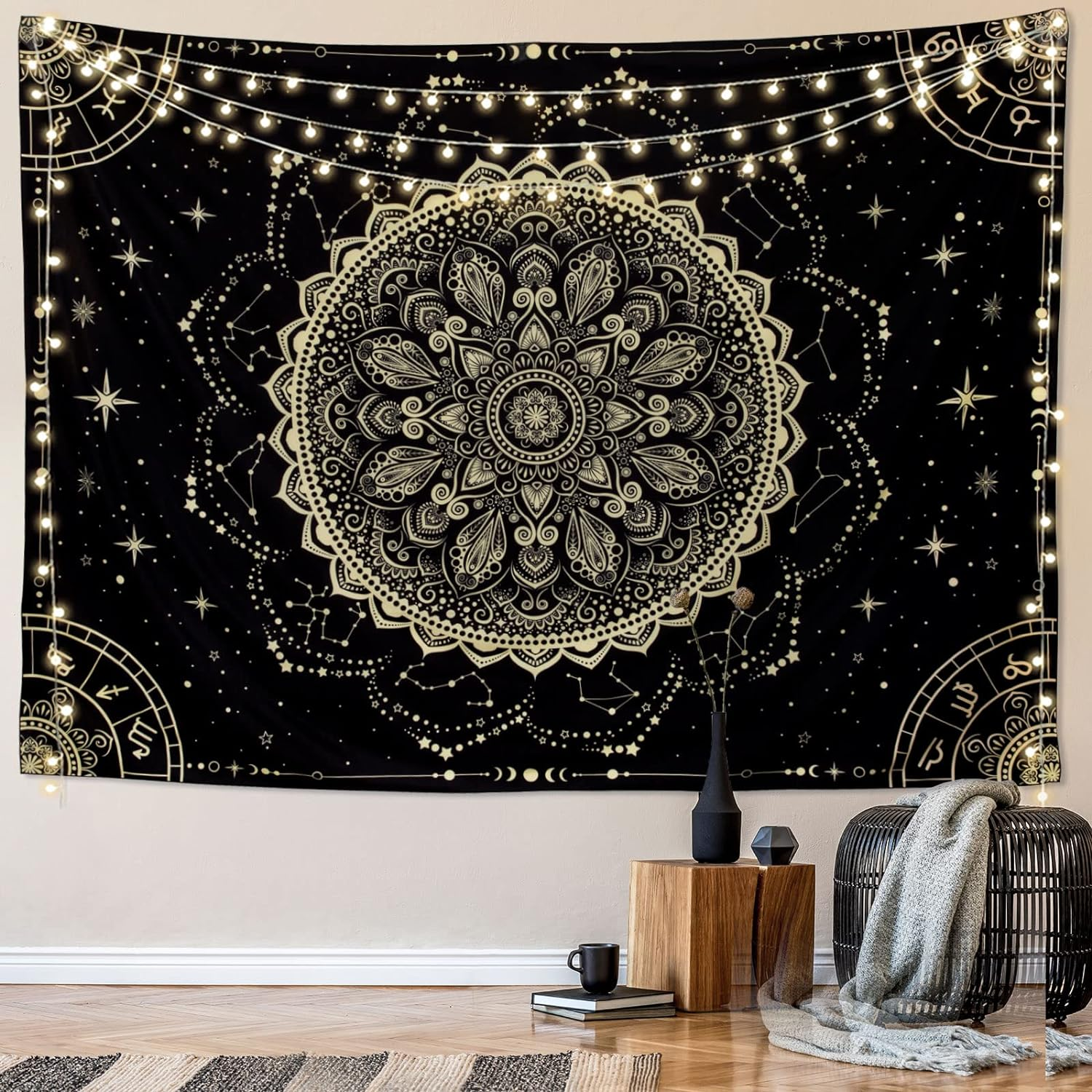Black Golden Mandala Tapestry Astrology Wall Hanging Wall Tapestry Aesthetic Hippie Wall Decor Bohemian Wall Art Boho Home Decoration for Bedroom,Living Room,Dorm image number 1