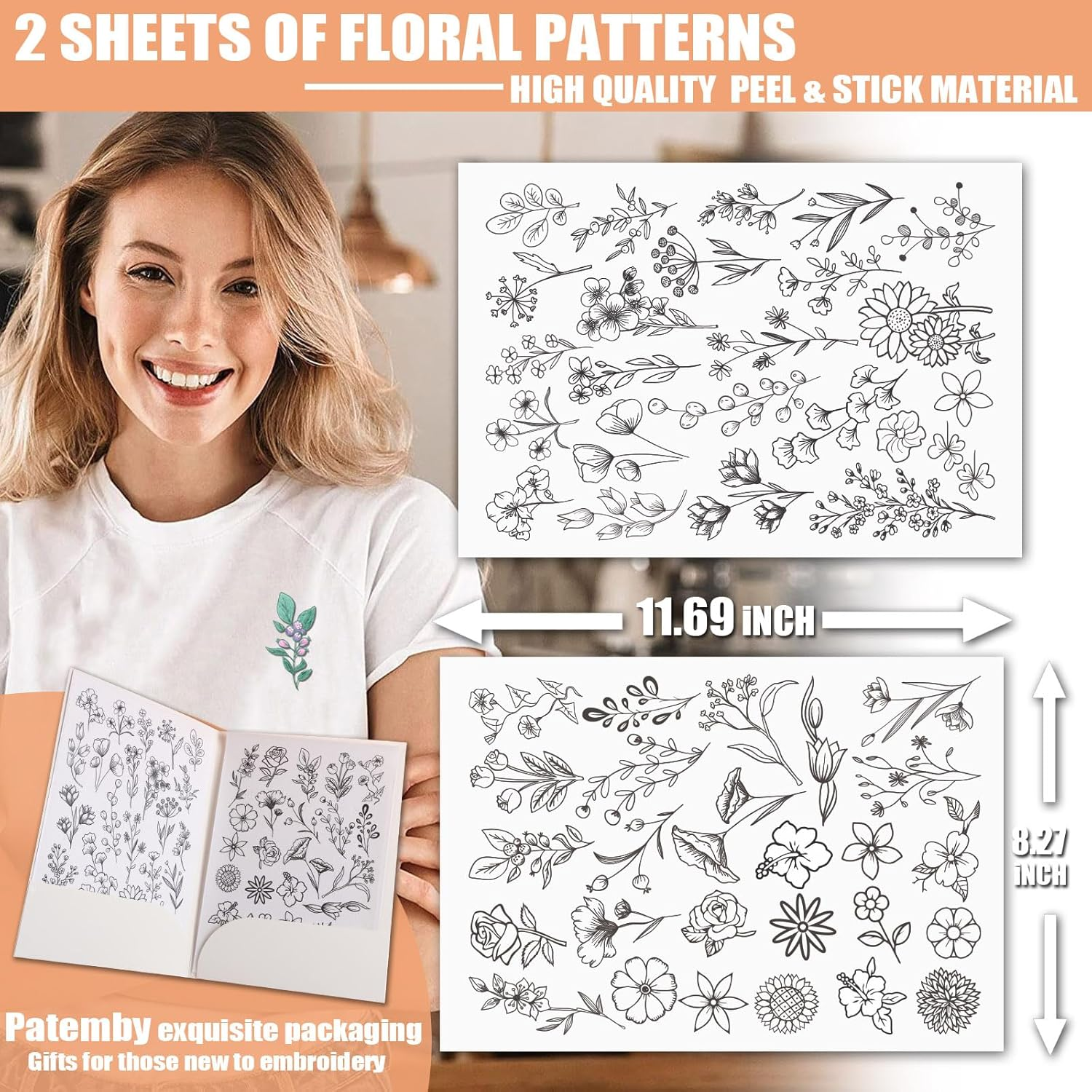 Patemby 50Pcs Water Soluble Embroidery Stabilizers, Stick and Stitch Embroidery Paper with Pre-Printed Flowers and Leaves Pattern Transfers for Hand Sewing Lover Beginners (Flower) image number 5