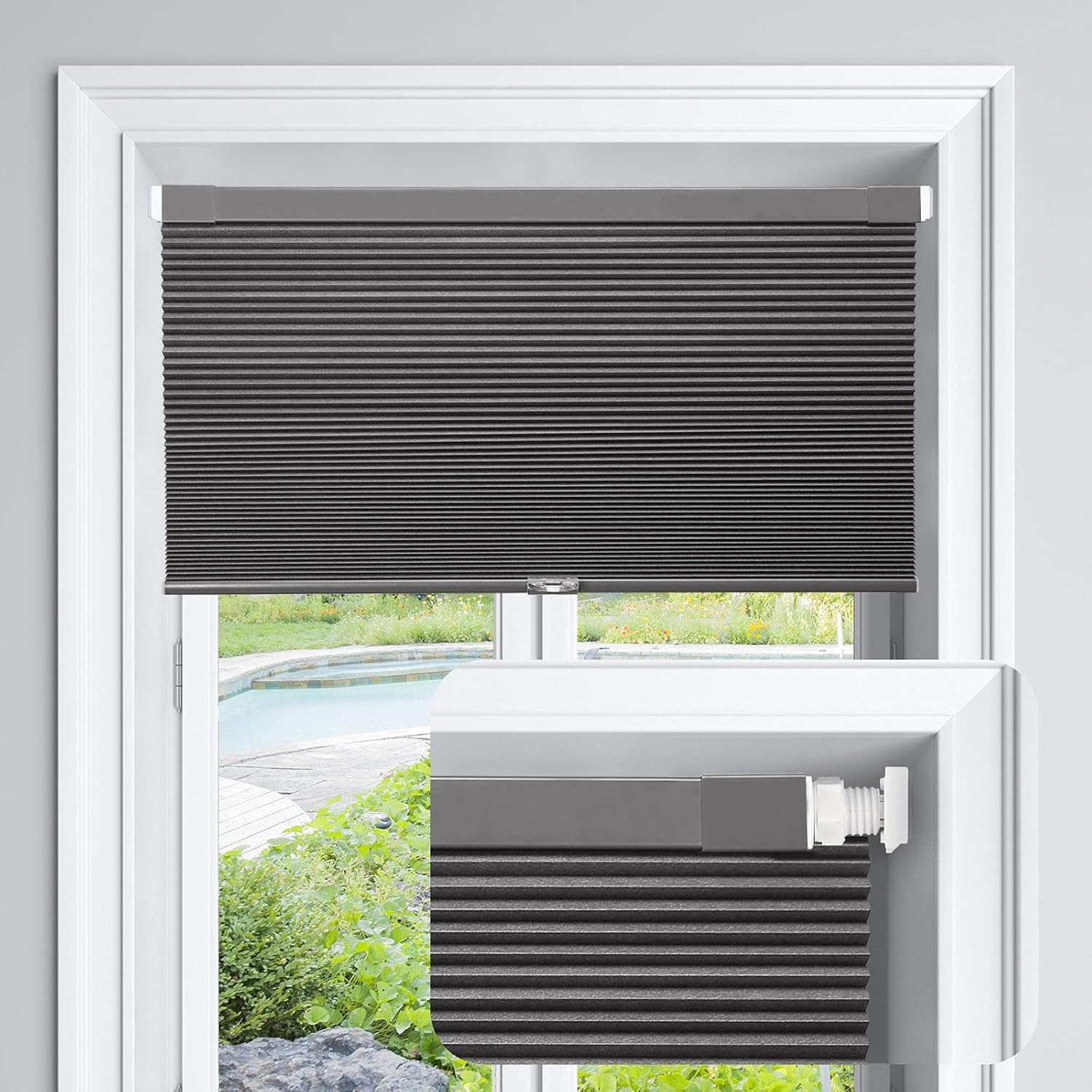 Lazblinds Cordless Cellular Shades No Tools No Drill Blackout Cellular Blinds for Window Size 27" W X 64" H, Dark Coffee