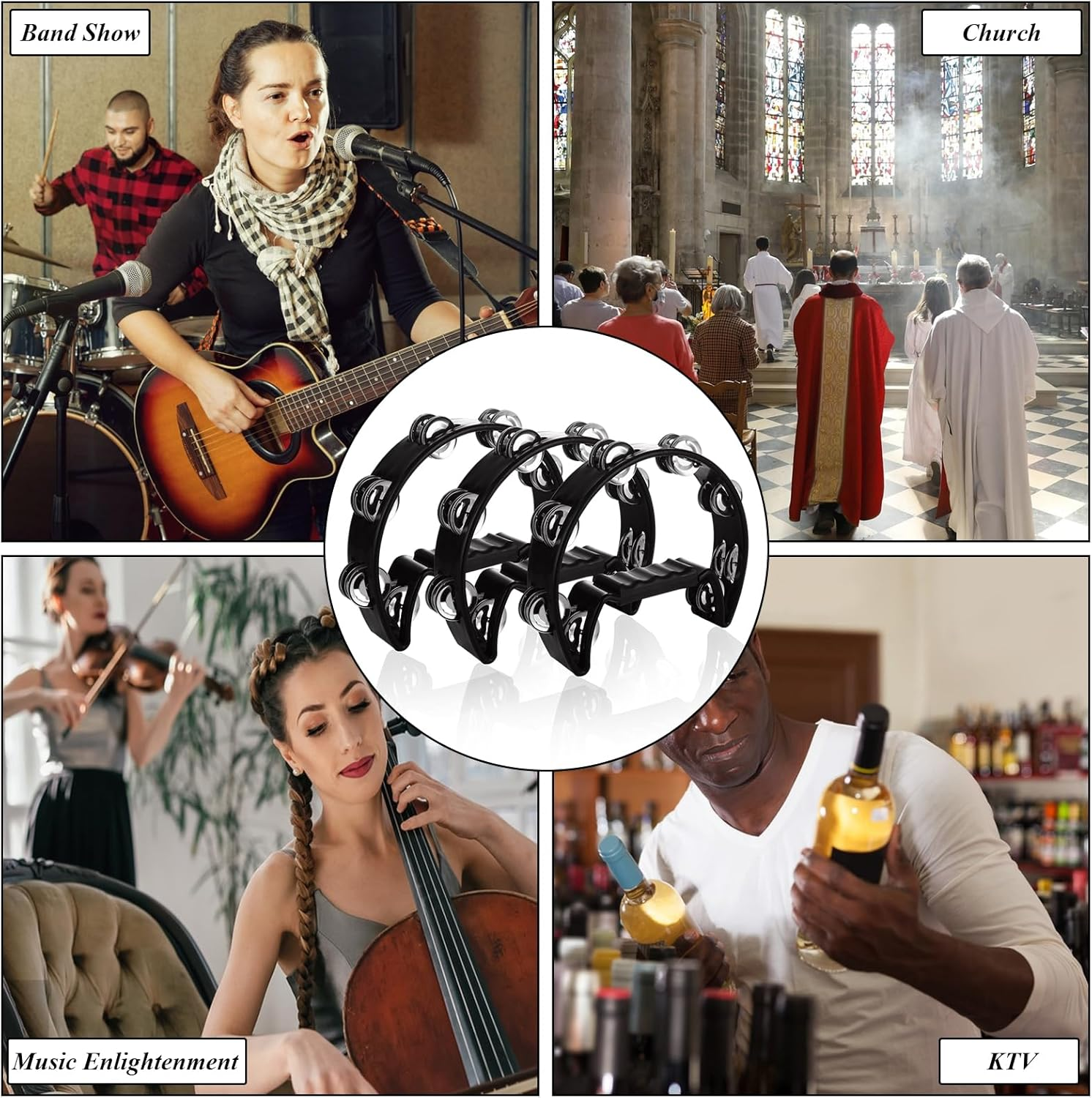 LDXDRU 3Pcs Tambourine for Adults, Metal Jingles Hand Held Percussion Half Moon Tambourine, Tamborines Musical Instrument Adult for KTV Party School image number 1