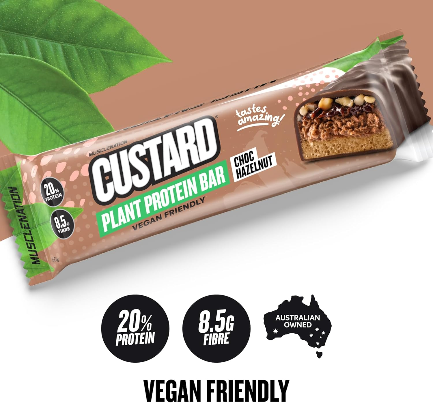 Muscle Nation Choc Hazelnut Custard Plant Protein Bar with Soft Filling: a Flavoursome & Vegan-Friendly Snack 12 X 50G