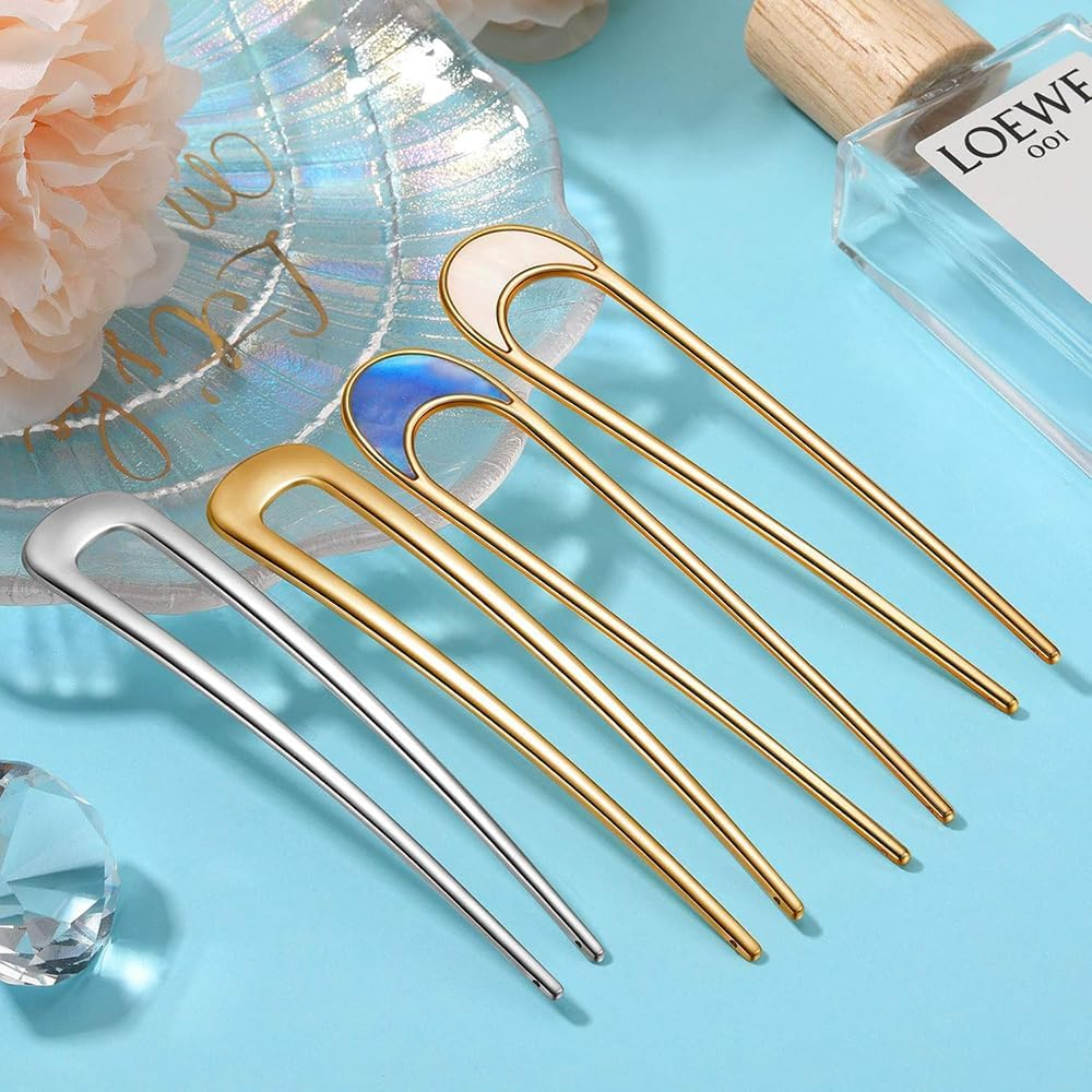 8 Pcs U-Shaped Hairpins for Buns & French Twist, Alloy Metal Hair Forks for Women, Secure Hold Hair Accessories for Thick/Thin Hair