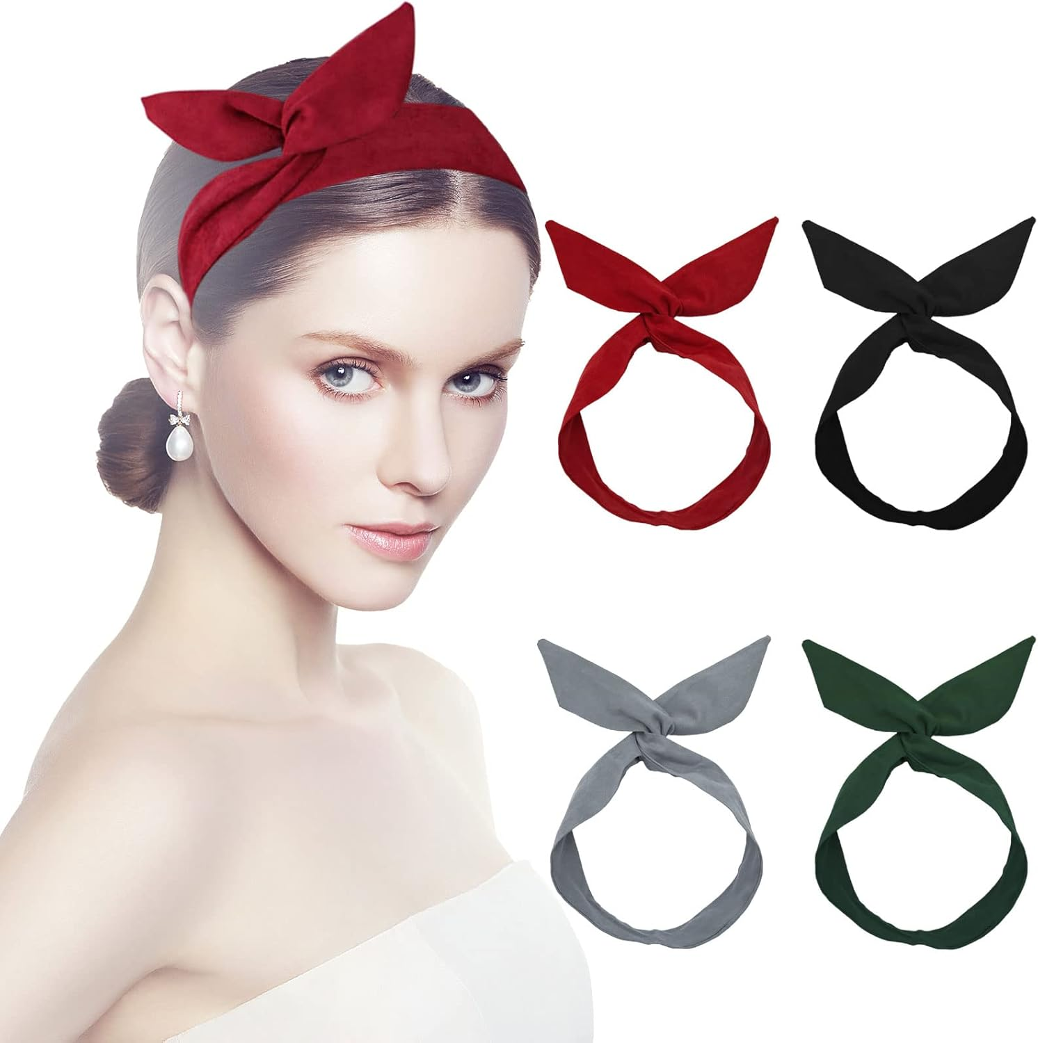 4 Pieces Headband with Bow Vintage, Headband Women Headband Women'S Hair Band Bow Hair Band Wire Retro Headband Hair Band with Wire Plain Hair Band Rockabilly Women'S Wire Bendable Hair Band image number 3