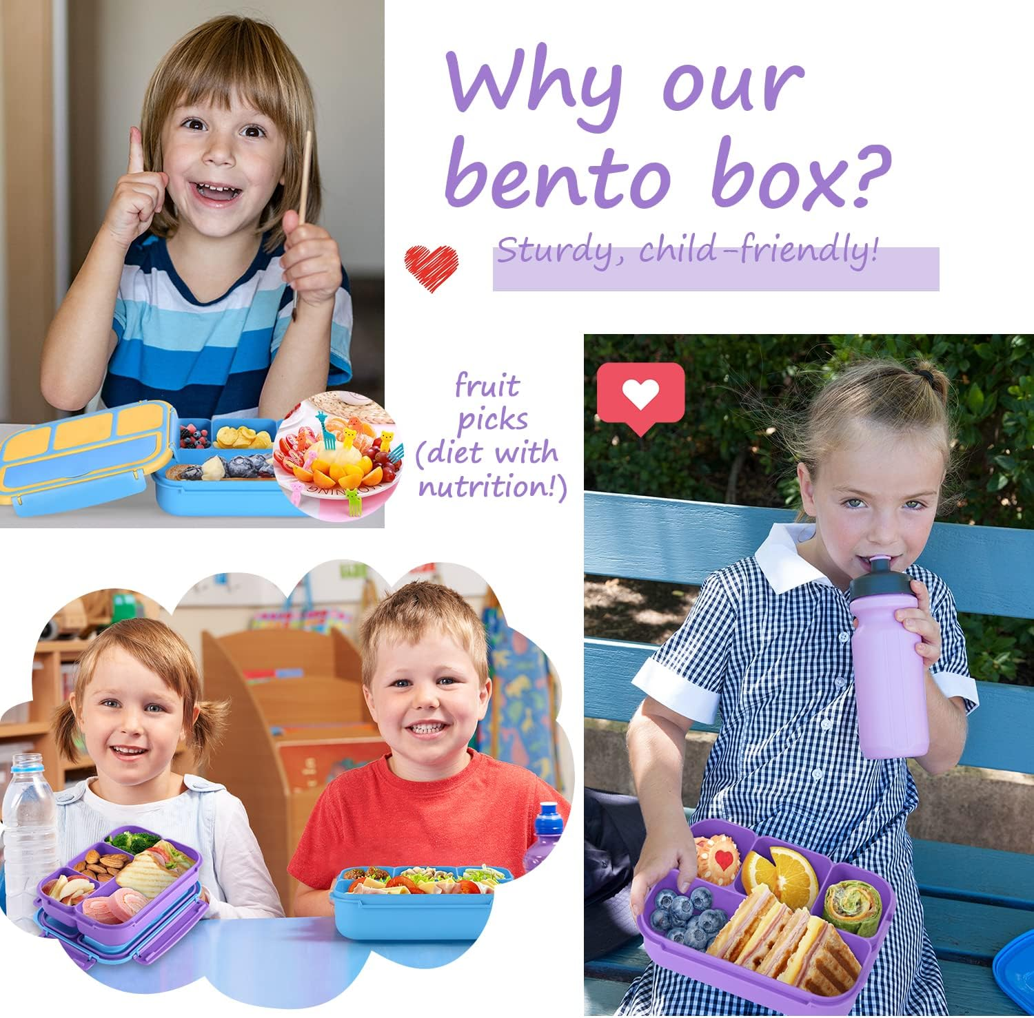 QQKO Bento Lunch Box with 4 Compartments, Sauce Container, Utensils, Food Picks and Muffin Cups for School - Purple - Black Gray image number 4