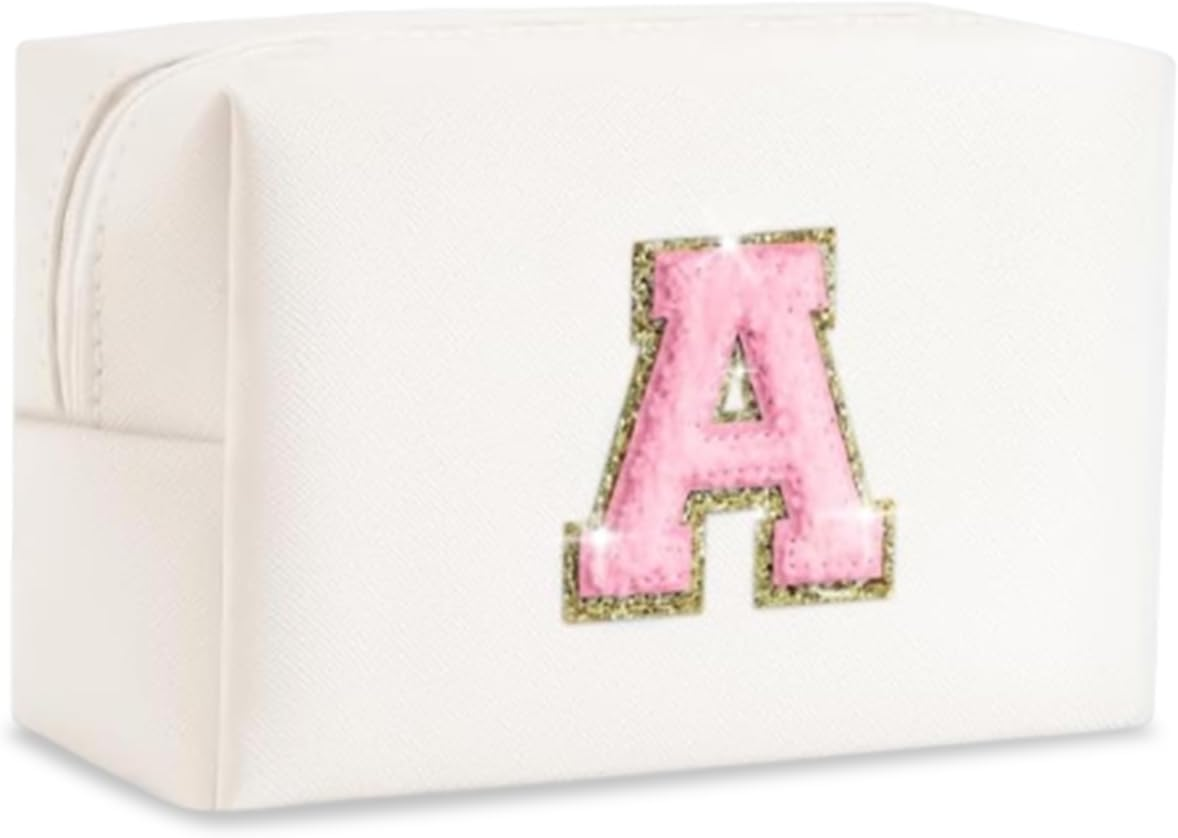 Makeup Bag, Pink Cute Initial a Travel Makeup Bag, Personalized Waterproof Portable Cosmetic Bag, Christmas, Birthday Gifts for Women Teen Girls (Pink)