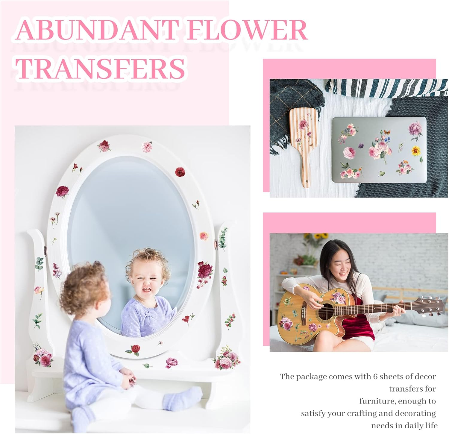 6 Sheets Spring Flowers Rub on Transfers Vintage Rose for Furniture Bird Flower Rub on Decals Wood Crafts DIY Arts Large Transfer 16 X 12 Inches(Flower Style)