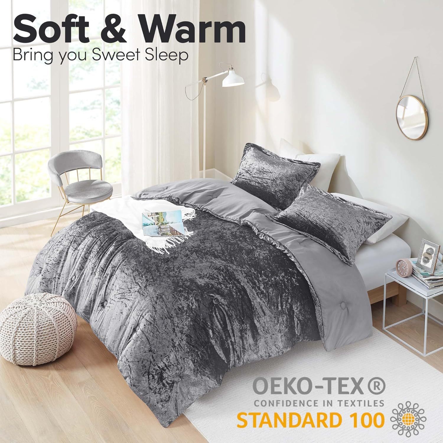Comfort Spaces Juliette Luxe Comforter Set Velvet Lush with Natural Sheen, Soft Reverse Microfiber Modern All Season Cover, Cozy Bedding, Matching Sham, Grey Twin/Twin Xl(66"X90") 2 Piece image number 5
