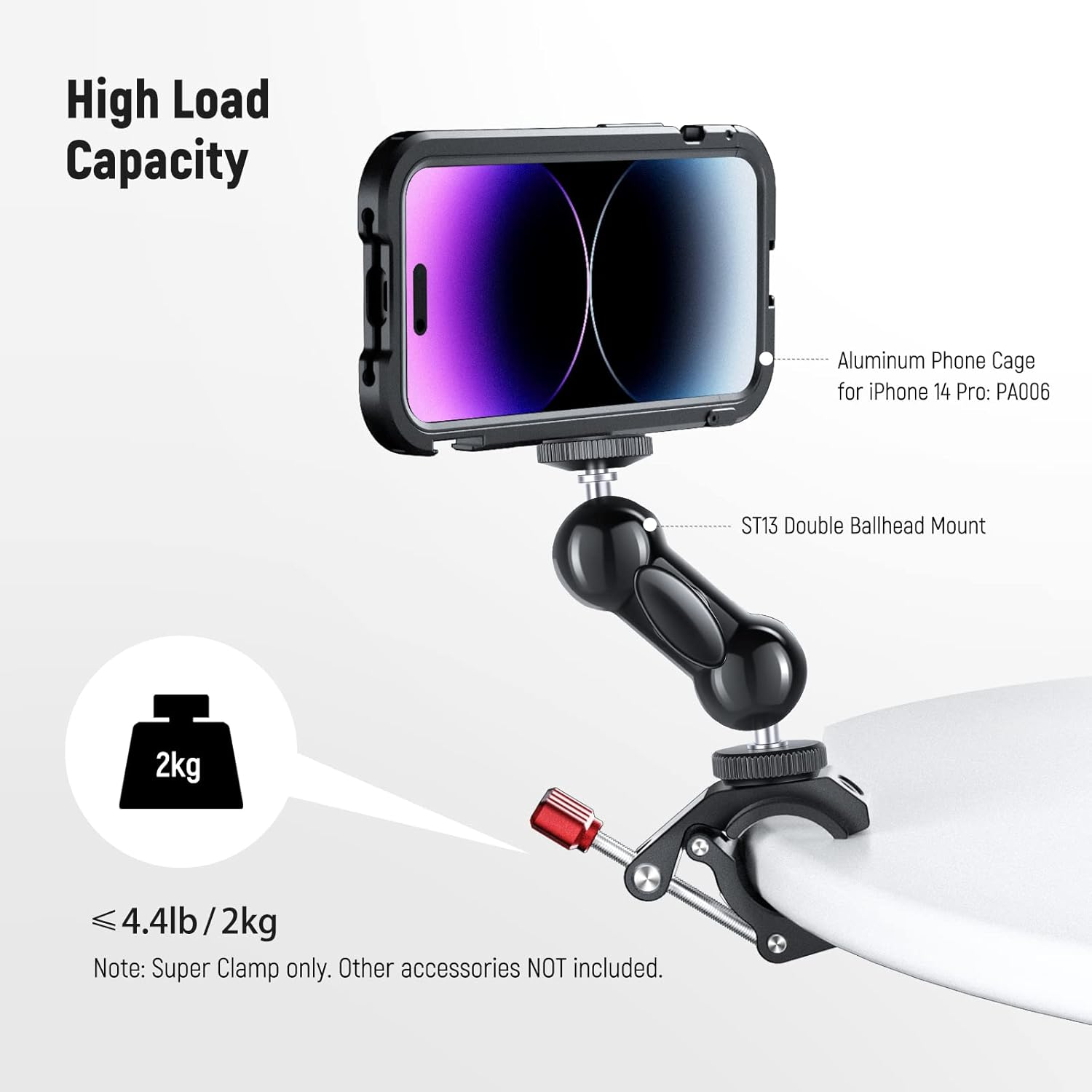 NEEWER Super Clamp with Cold Shoe and 1/4" 3/8" Threaded Holes, Max Load 4.4Lb/2Kg, Crab Shaped Camera Clamp Mount for Most Photography Accessories, Compatible with Smallrig Magic Arms, ST81 - Black image number 3