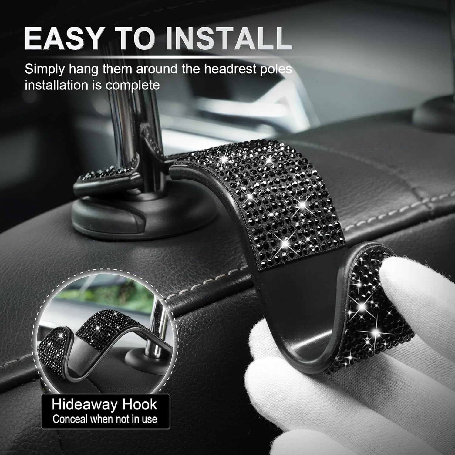 Crystal Bling Rhinestone Car Back Seat Headrest Hook,Universal Car Hooks， Purse Bag Holder, Car Interior Accessories for Women and Men,Handbag Hook for Car 4-Pack (Black) image number 5