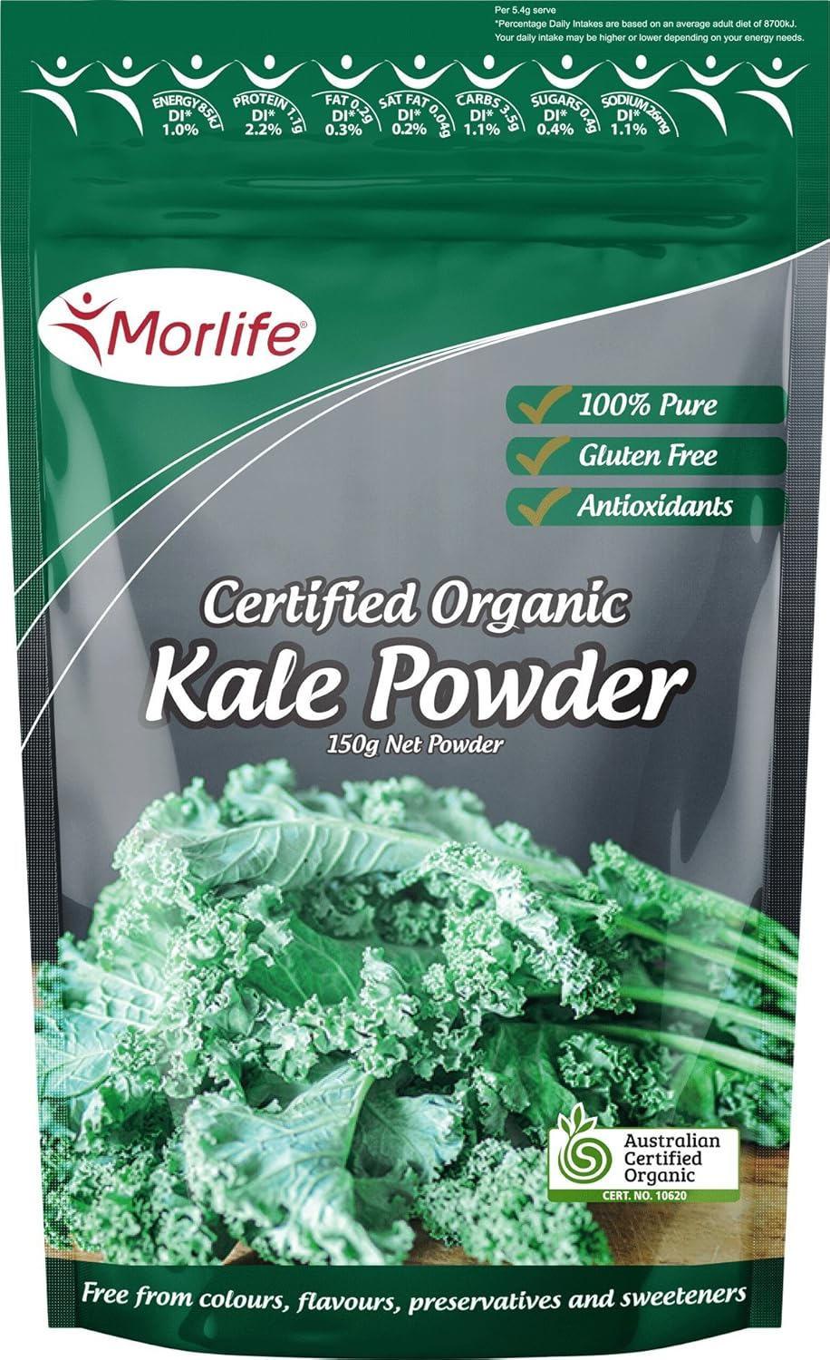 Morlife Kale Powder Certified Organic 150G - Gluten Free - Vibrant Colour and Excellent Taste - Free from Artificial Colours, Flavours, Preservatives and Sweeteners