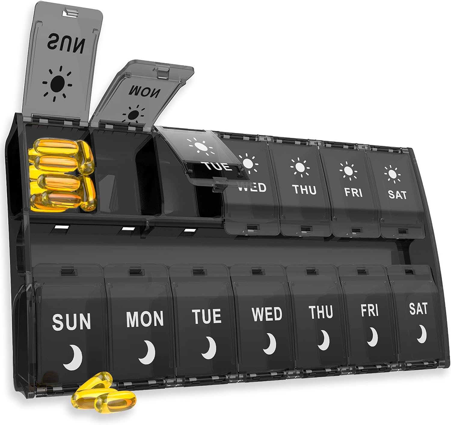 Xl Large Pill Organizer 7 Day, Weekly Medicine Pill Box 2 Times a Day，Am Pm Pill Case Organizer 14 Compartments with Hinged Lids Design，Daily Vitamin Box Pill Dispenser for Fish Oil/Supplements(Black)