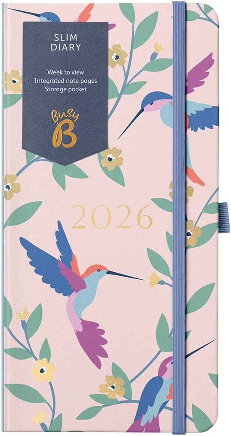 Busy B 2026 Slim Weekly Planner Diary with Birds Cover - Compact Design Pocket Diary, Week to View Layout, Notes Pages & Storage Pocket - Handbag-Sized Journal for Organisation