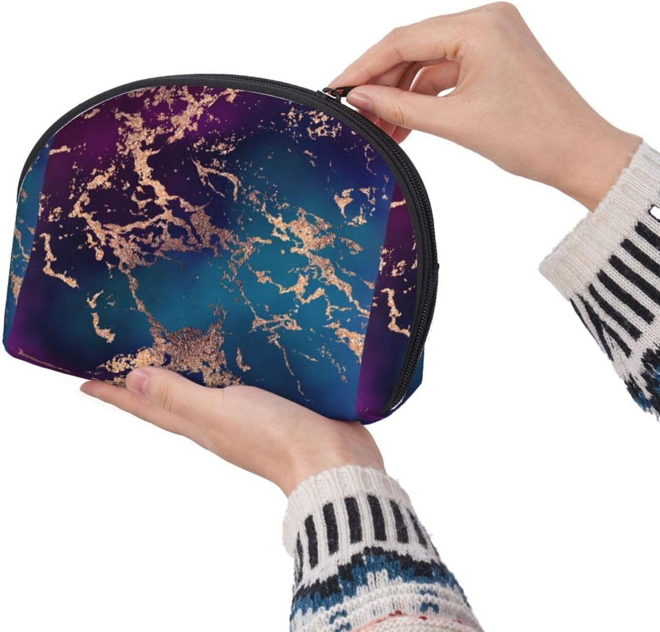 Cozimangoe Coin Pouch Makeup Bags Set, 2 Piece Shell Shape Cosmetic Bag with Pockets for Daily Travel Handbag Lipstick Keys Toiletry, Personalized Marble Luxe Decor Dark Purple and Teal with Gold image number 3