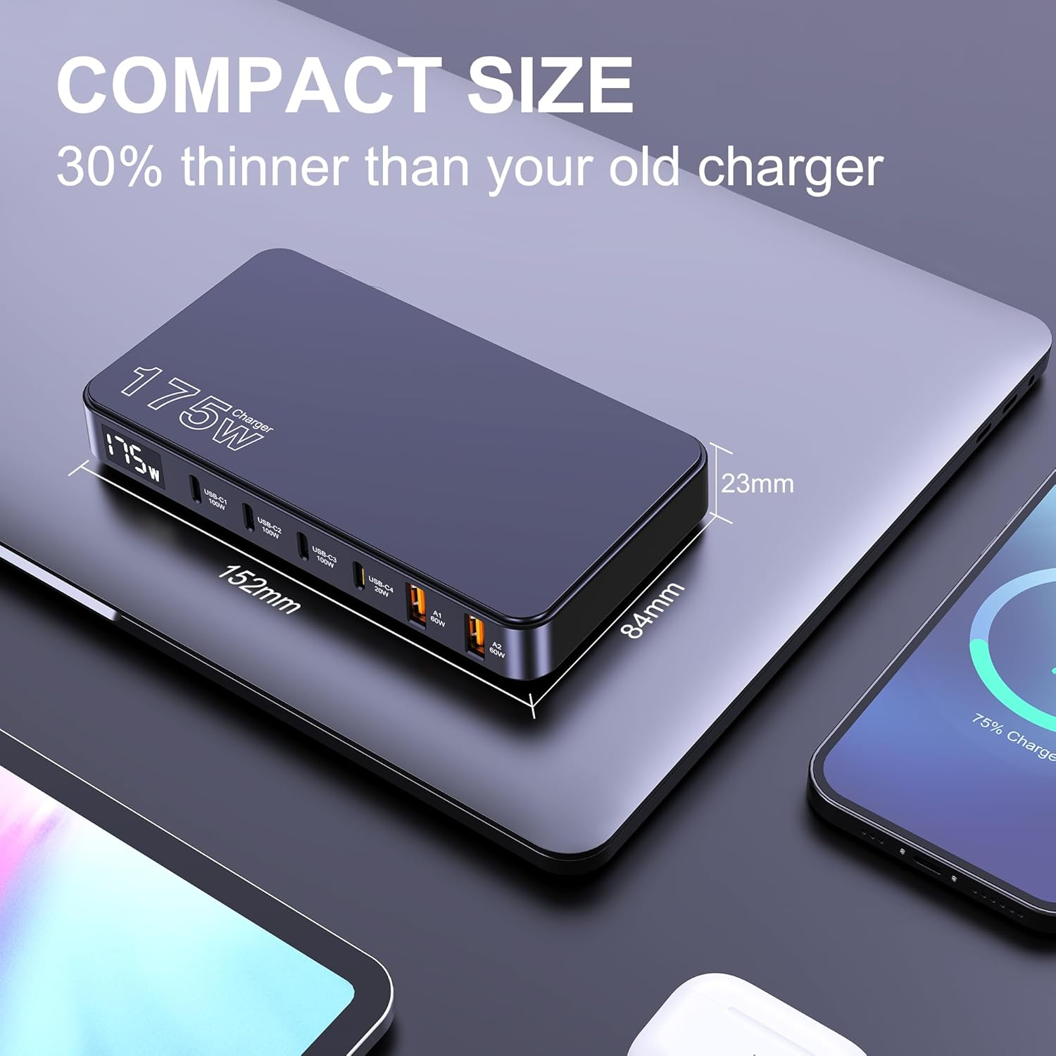 Tobetravel 175W USB C Charger, 6-Ports LCD Display Ultra-Thin Gan Charger, PD 100W PPS 45W QC60W Fast Charging Station for Macbook Laptop, Iphone 16 15, Galaxy S25/S24 Ultra, Ipad and More image number 6