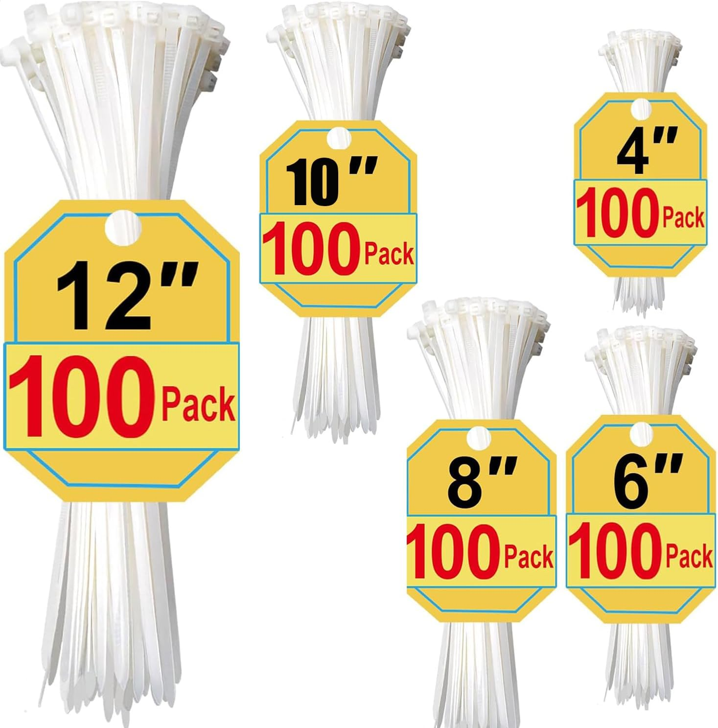 Zip Ties Assorted Sizes 4/6/8/10/12 Inch, 500 Pack, White Cable Ties for Multi-Purpose, Nylon/Plastic Wire Ties for Home Improvement, Office & Outdoor Use image number 4