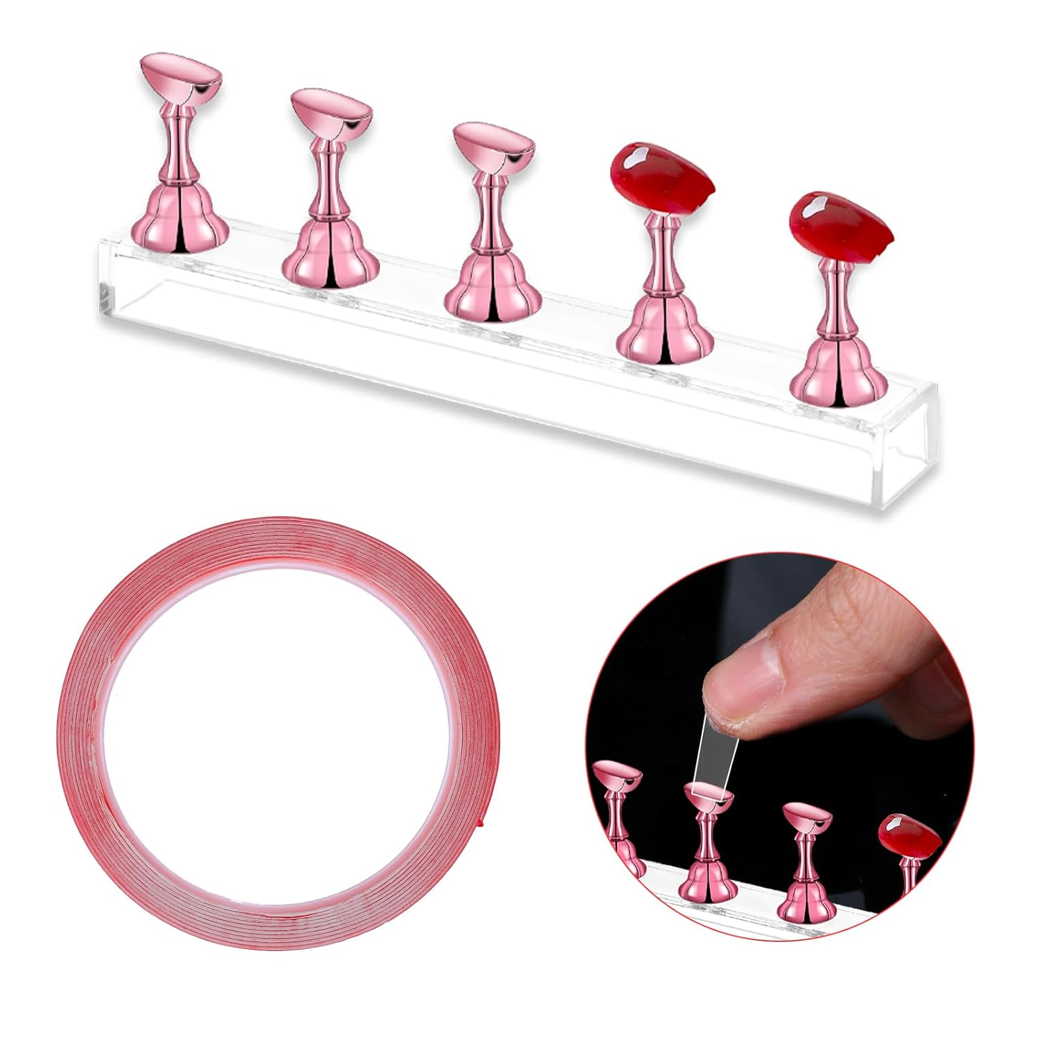 Piriuuo 3 Rolls Double Sided Tape for Press on Nails, Adhesive Strong Sticky Nail Art Tapes for Nail Packaging Waterproof Removable Mounting Tape for Nail Tips Colors Designs Showcase