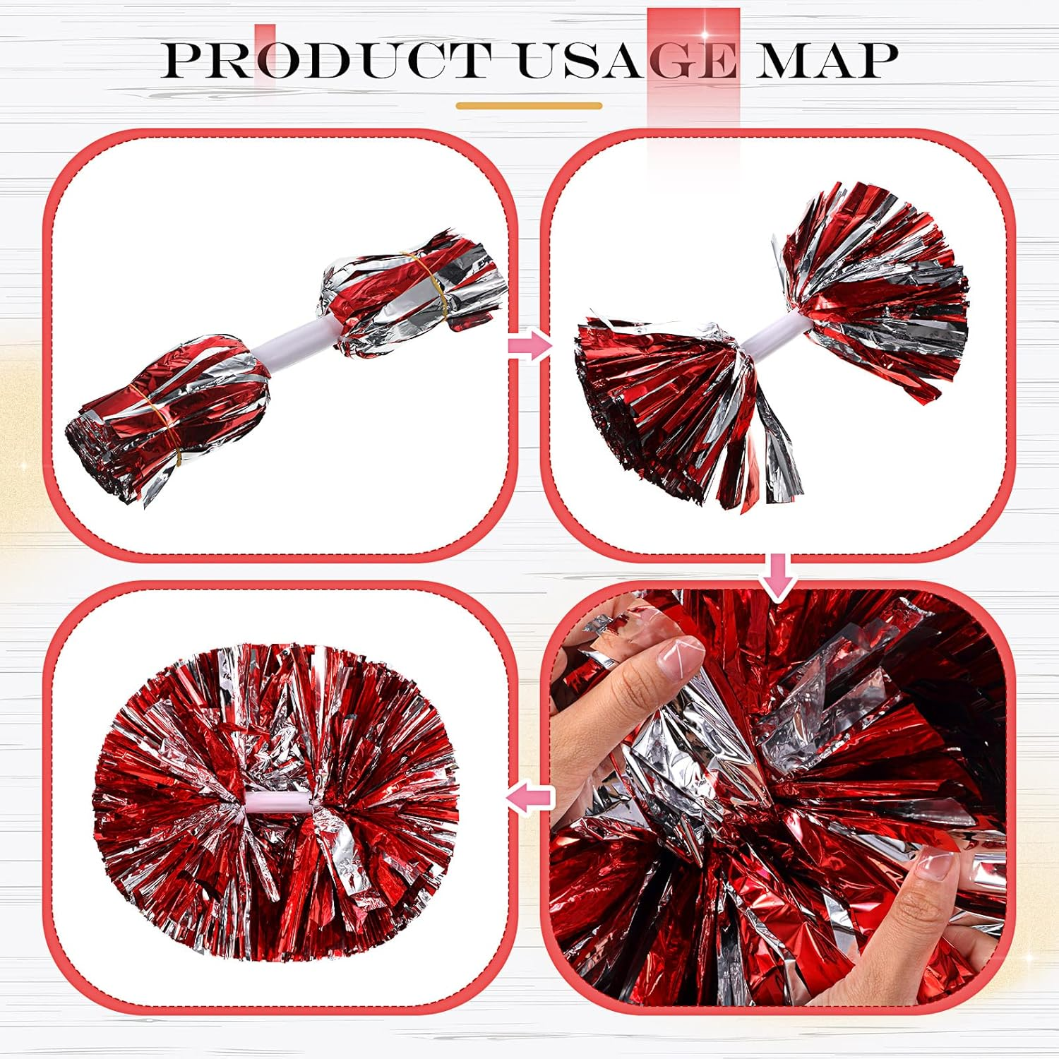 12 Pack 14 Inch Cheerleading Pom Poms and 6 Large Cheerleader Bow Cheer Pom Poms with Baton Handle and Cheerleader Hair Bows for Teen Girls Softball Dance Cheerleader Outfit Uniform (Red) image number 4