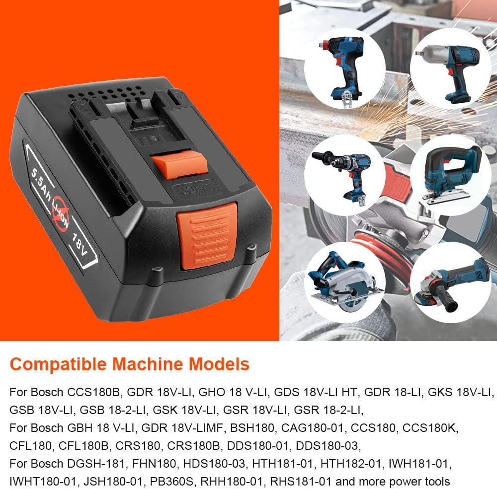 Aryee 18V 5.5Ah Li-Ion Battery Replacement Battery for Bosch BAT609 BAT609G BAT610G BAT611 BAT612 BAT618 BAT618G Cordless Power Tools, Not Compatible with the Green Series image number 4