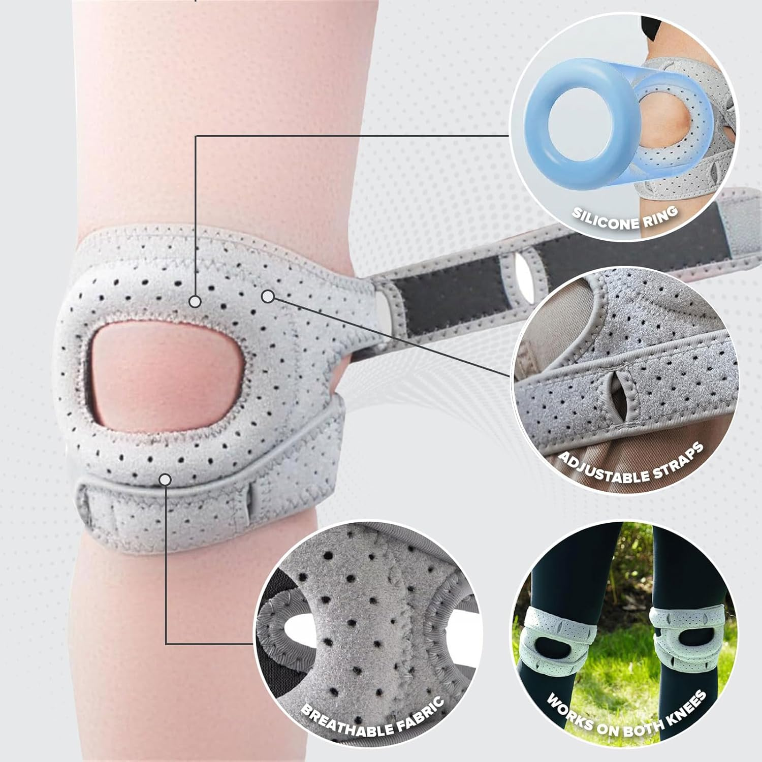 Wellknee Knee Brace 2 Pack &ndash; Adjustable Patellar Support with Tendon Pad &ndash; Relieves Knee Pain, Supports Joint Alignment, for Men & Women, Arthritis, Meniscus, Sports & Running (Grey,L) image number 5