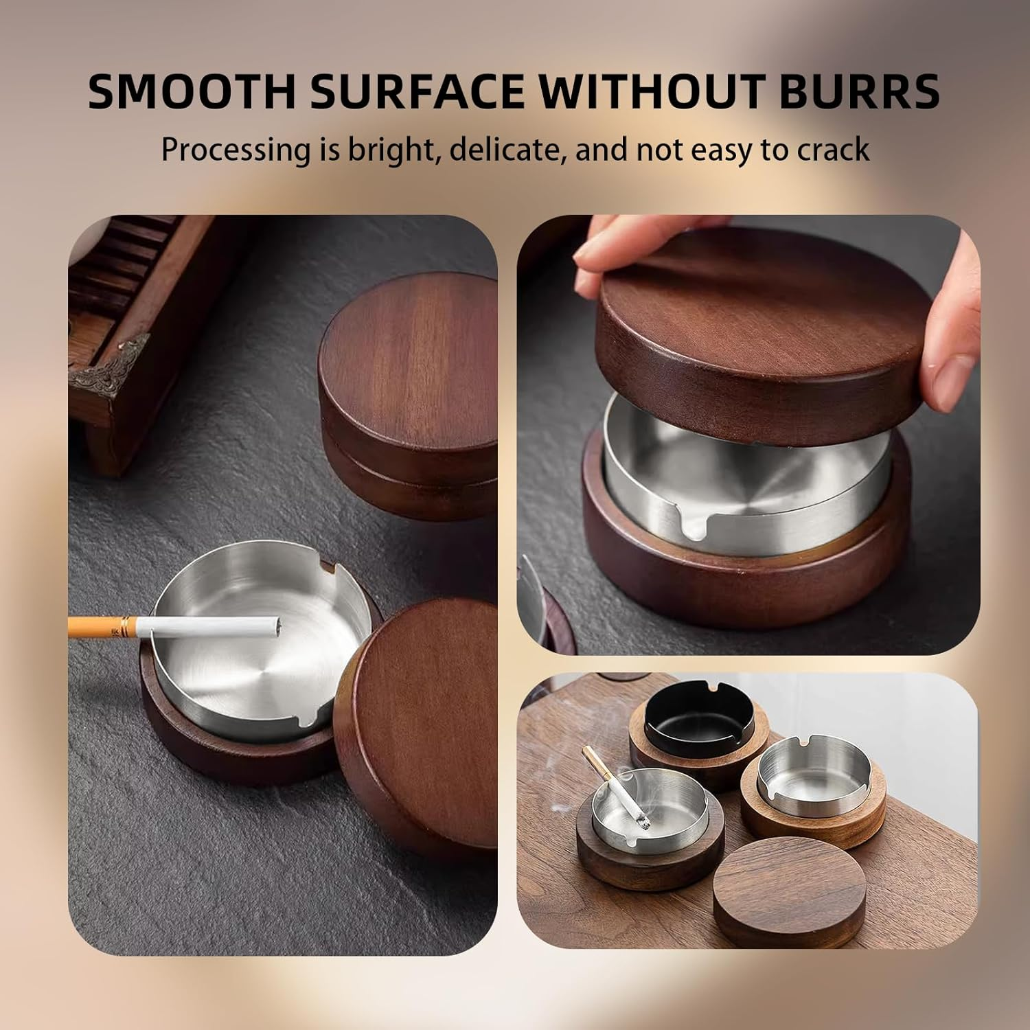 Wooden Ashtray with Stainless Steel Inner Box - Flameproof Design with Lid anti Fly Ash with Trough - Portable Office and Home Decorative Indoor Outdoor Use image number 4
