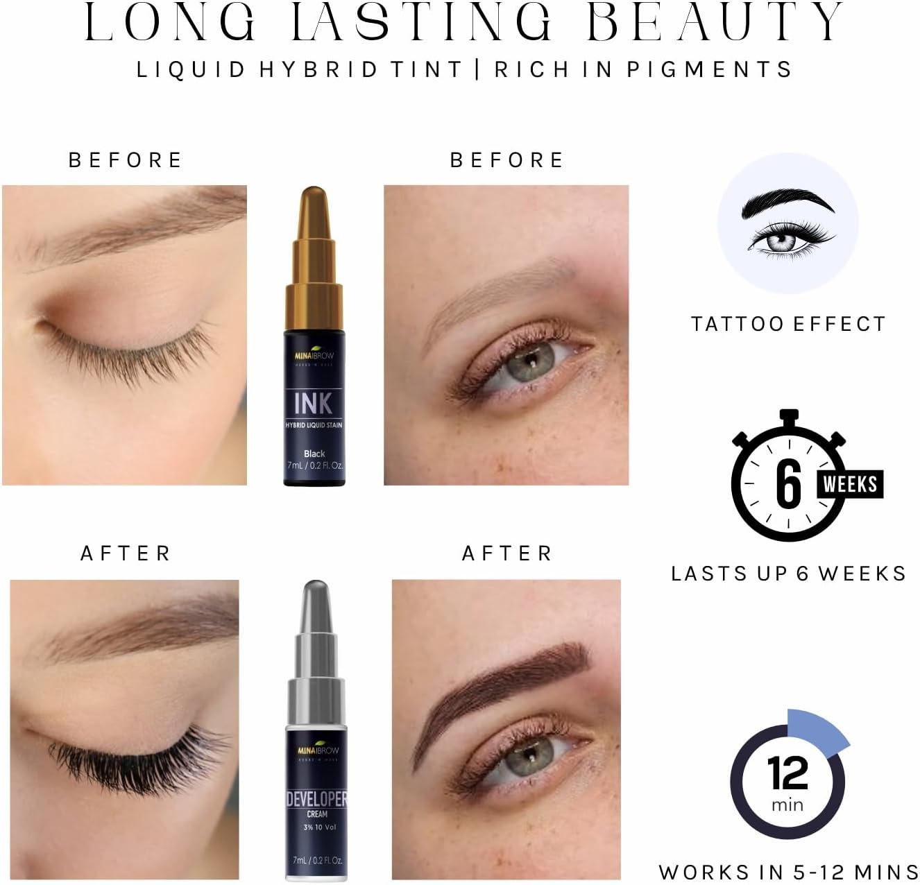 Minaibrow INK Hybrid Liquid Tint for Brow & Lashes Black |Long Lasting Spot Coloring for Brow & Lash |Instant Brow Hair Dye Tint Kit | 100% Gray Coverage - up to 14 Applications - 14Ml - Reddish Brown image number 4