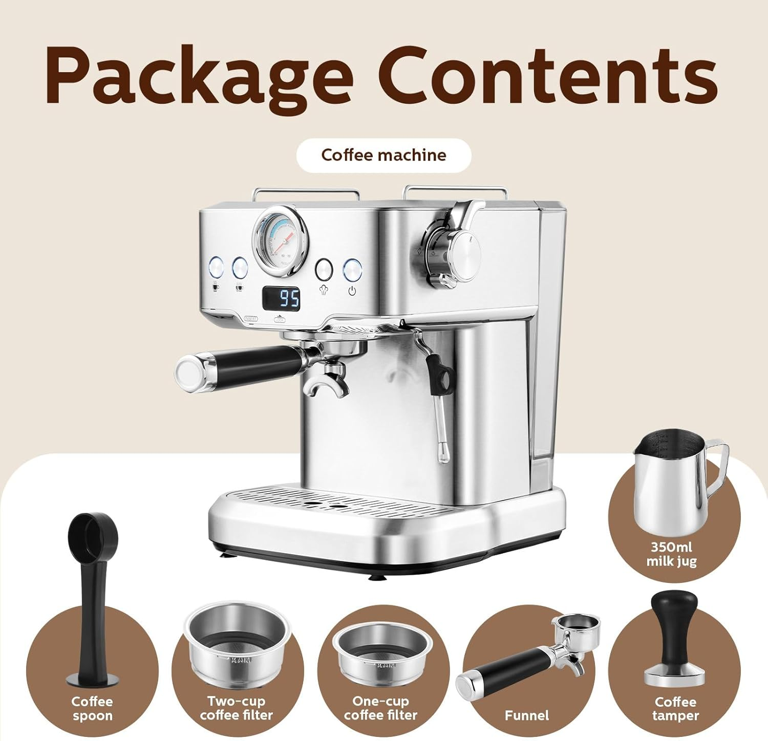 Maxkon Espresso Machine, 20 Bar Professional Espresso Maker, Milk Frother Steam Wand for Latte, Compact Stainless Steel Machine with 2L Removable Water Tank image number 2