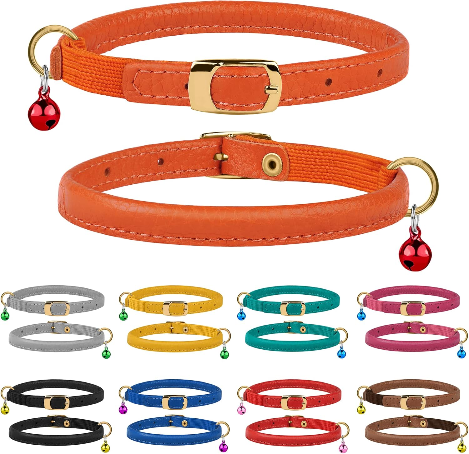 Murom Rolled Leather Cat Collar with Elastic Strap Safety Adjustable Pet Collars for Cats Kitten Yellow Red Pink Blue Orange Brown Gray (Orange) image number 3