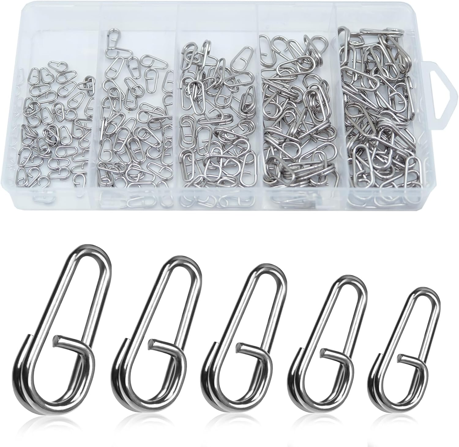 EWEIS 200 Pcs Power Oval Split Rings Fishing with Alloy Reinforced Material, Upgrade Triple Strength Speed Clips for Lures, Stainless Steel Fishing Fishing Wwivels & Snaps（5 Sizes，21/18/16/13/10Mm）