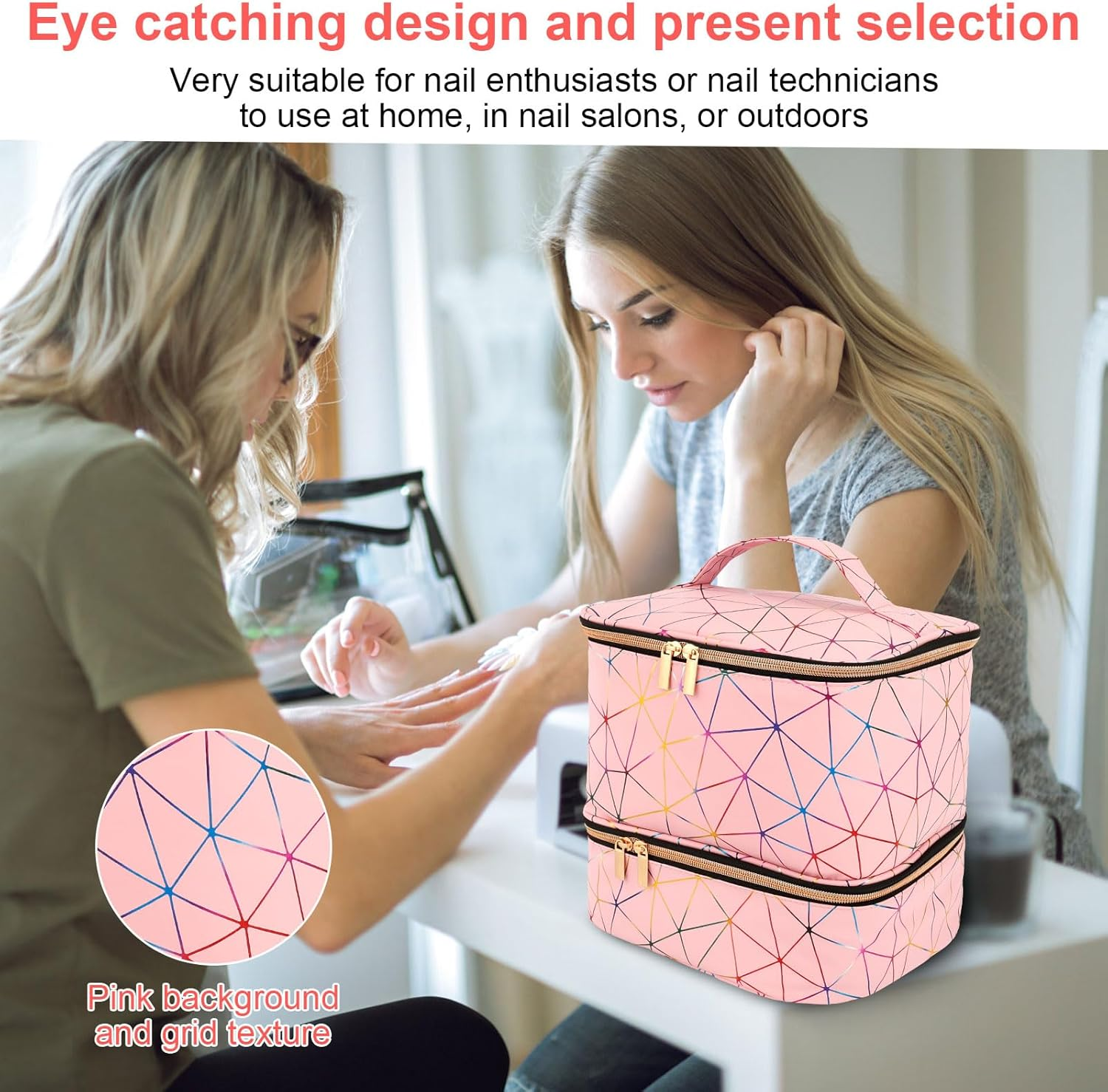 UKQRRTC Holographic Nail Polish Organizer Bag, Zipper Closure, Double Layers Nail Supplies Storage Box for Home Travel Salon image number 3