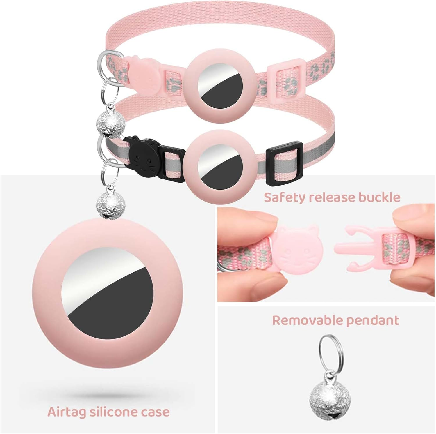 Kexkceql 2-Pack Adjustable Cat Collar for Apple Airtag，2 Styles (Footprint & Reflective)，Pet Anti-Lost GPS Collars with Safety Buckle，Pink, M (7.5-12.6 Inches) image number 3