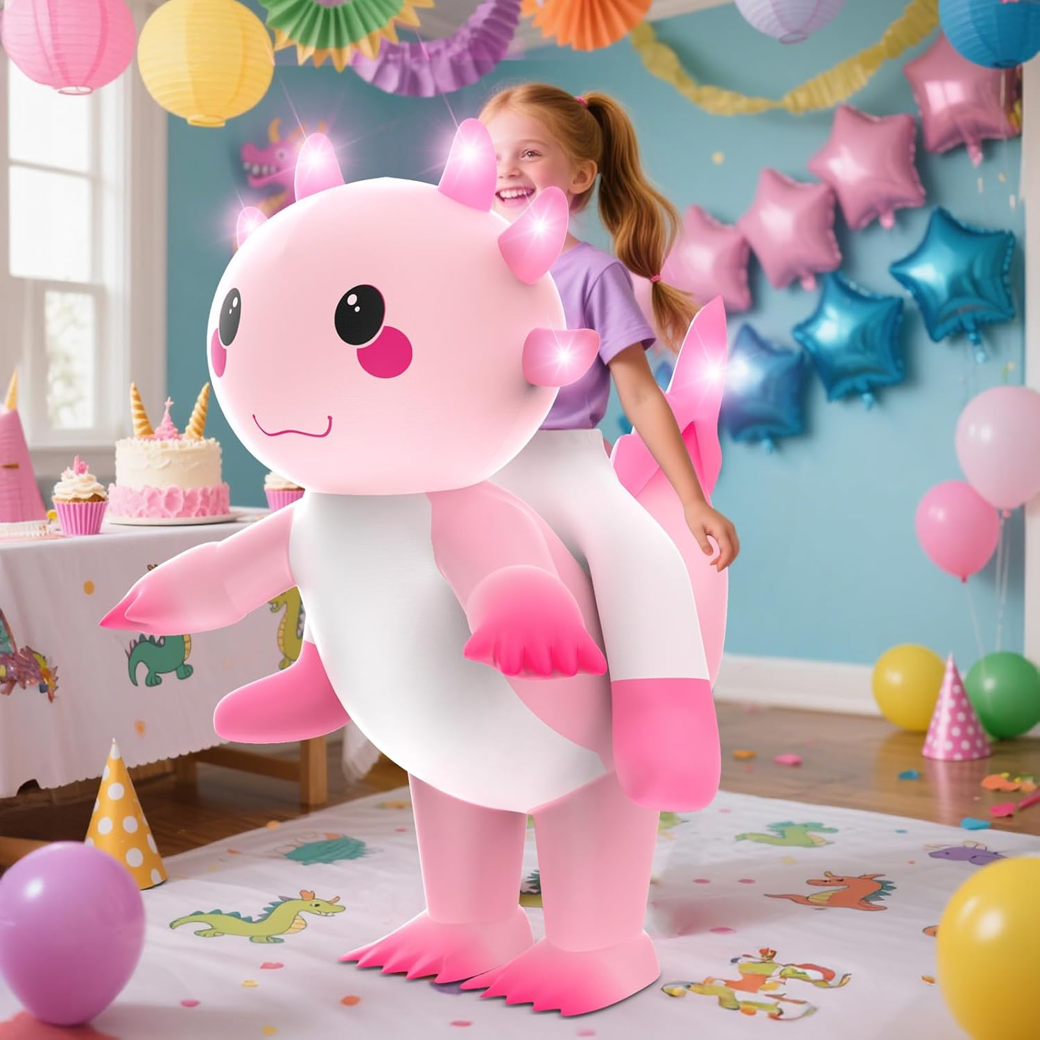 Inflatable Costume for Kids,Inflatable Axolotl Riding Costume with Lights,Halloween Glow in the Dark Blow up Costume for Girls Boys Cosplay Parties image number 3