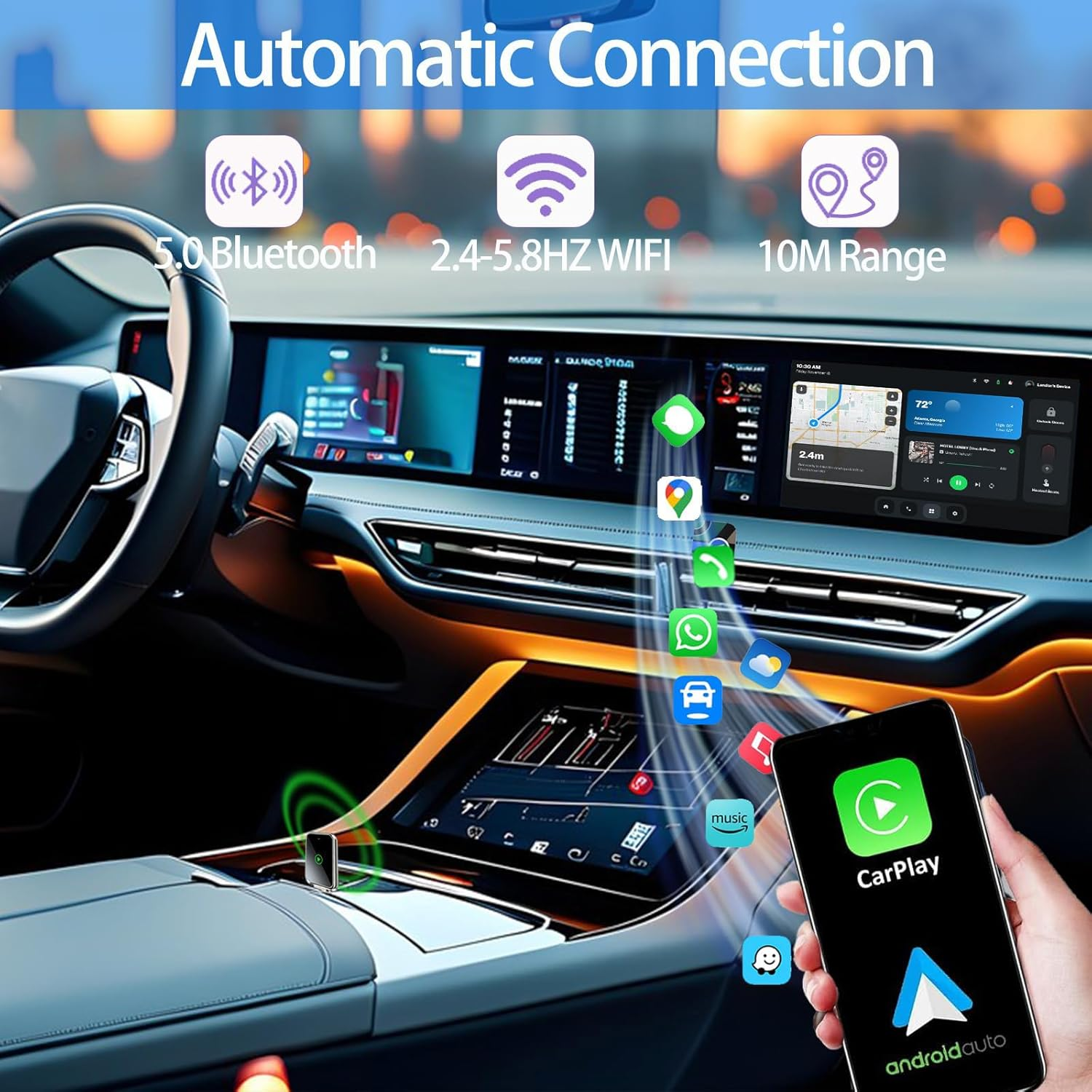 2 in 1 Wireless Carplay & Android Auto Adapter, Easily Convert Wired to Wireless Adapter,Fast and Stable Control with Mini Size, Equipped with Extension Cable USB-C Type-C image number 1