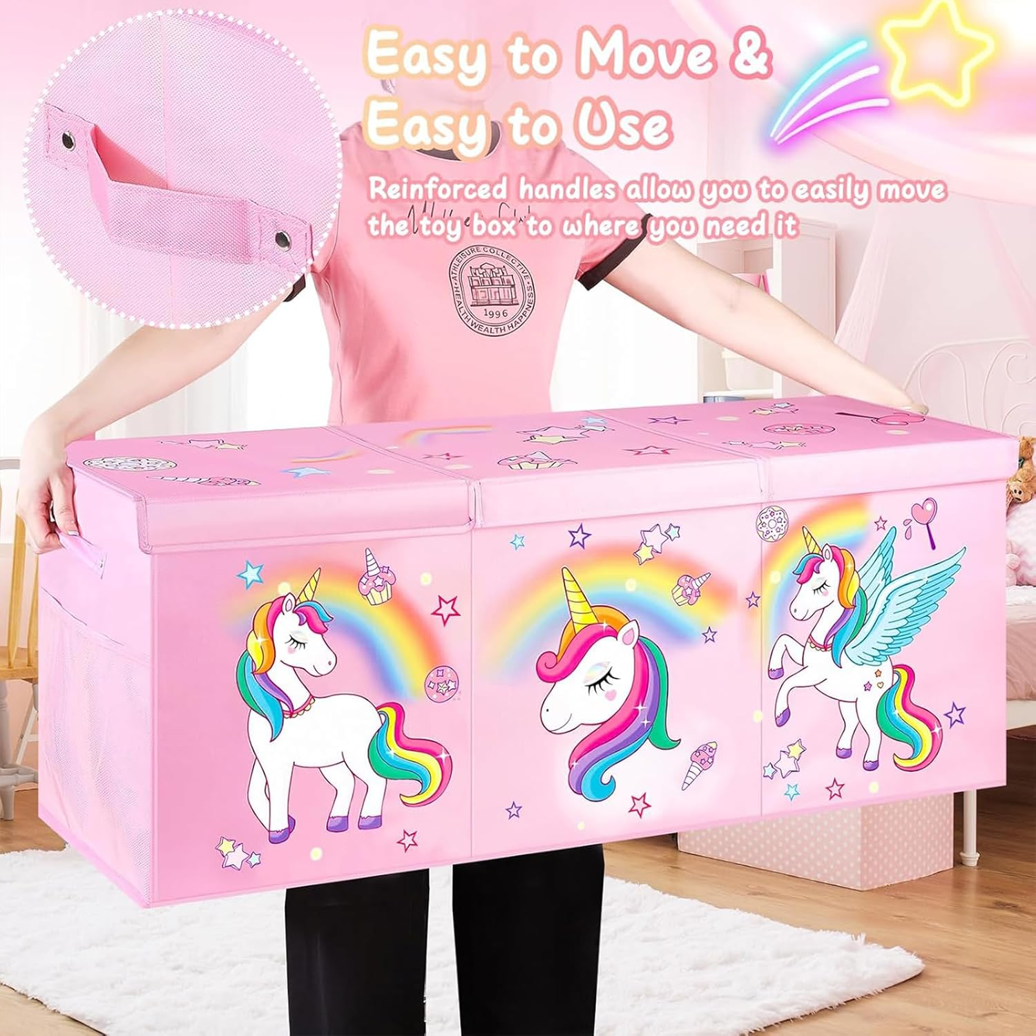 Large Toy Box Chest Storage with Lid - Collapsible Kids Toys Boxes Organizer Bins Baskets Container with Handles for Boys, Girls, Nursery, Playroom, Clothes, Blanket, Bedroom,Pink image number 4