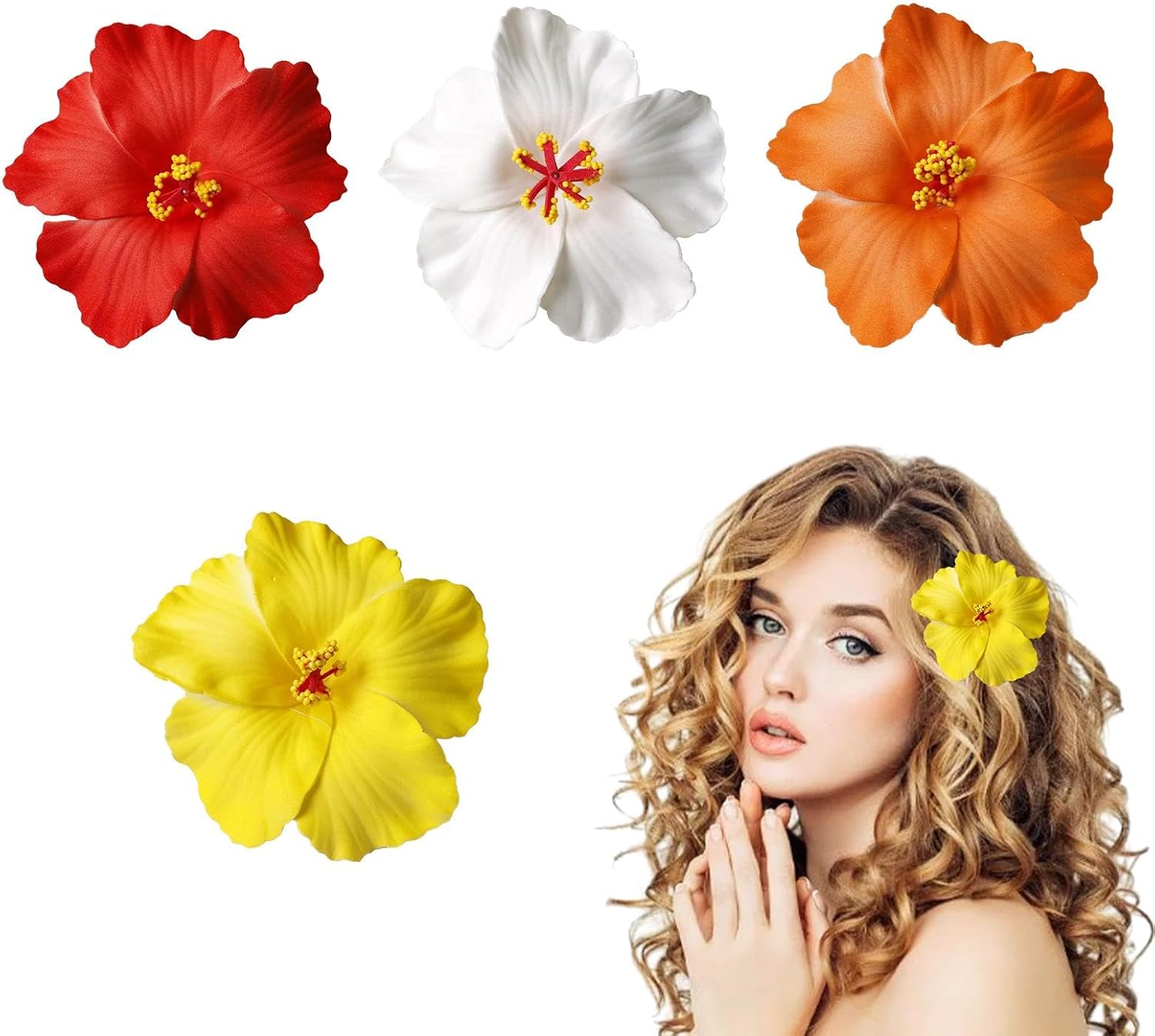 4Pcs Hawaiian Flower Hair Clips, 3.5 Inch Artificial Flower Clips, Hibiscus Flowers Clip for Vacation Beach Party, Boho Clips for Girls Wedding