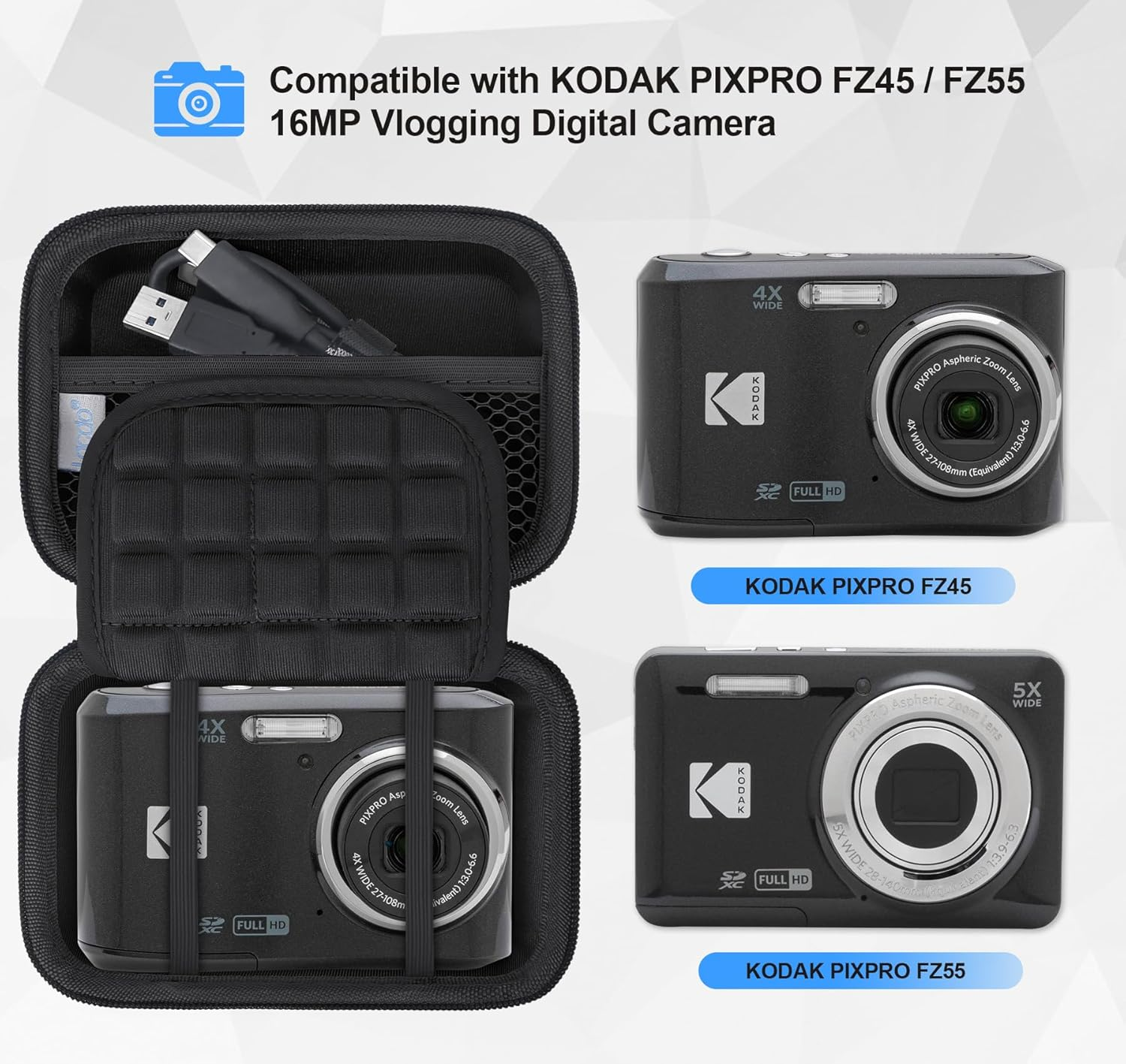 Lacdo Camera Case Compatible with KODAK PIXPRO FZ45 / FZ55 / FZ53 / FZ43 16MP Vlogging Digital Camera, Hard EVA Protective Camera Storage Trave Bag, Mesh Pocket Fit Batteries, USB Cable, SD Card,Black - Pink image number 7