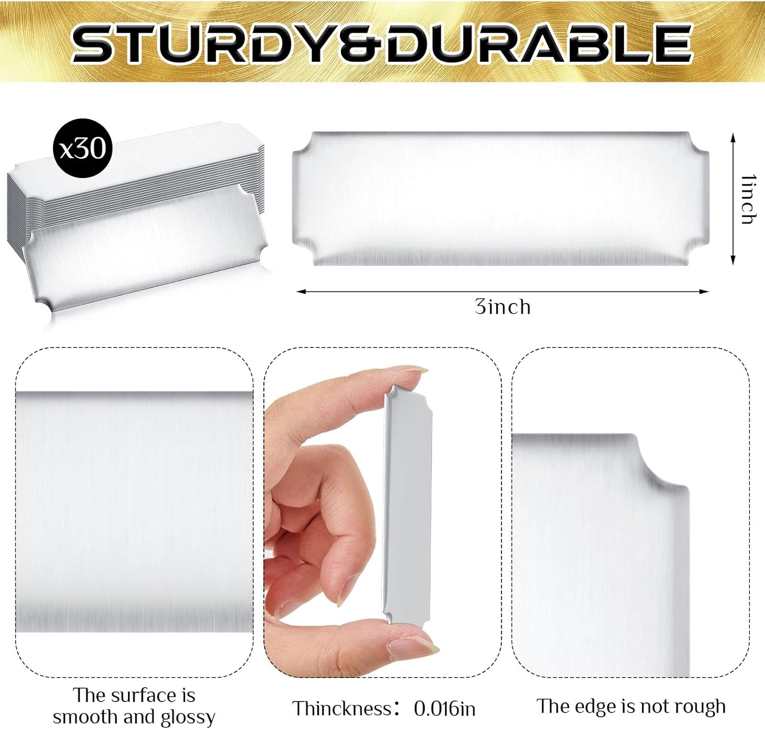 Therwen 30 Pcs Name Plates Laser Engraved Brushed Stainless Steel Plate Personalized Plaque Blank Custom Name Tag Frame Label with Adhesive Backing(Silver Notched Corner,1''X 3'') image number 2