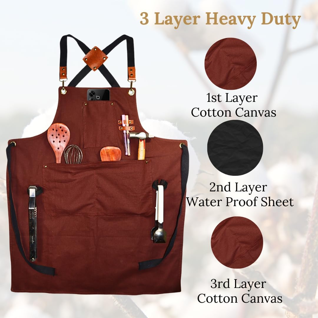 Heavy Duty Cotton Apron for Men & Women| Suitable for Home Kitchen | Triple Layer Waterproof Apron | Adjustable Strap for Chefs, Painters and Many More